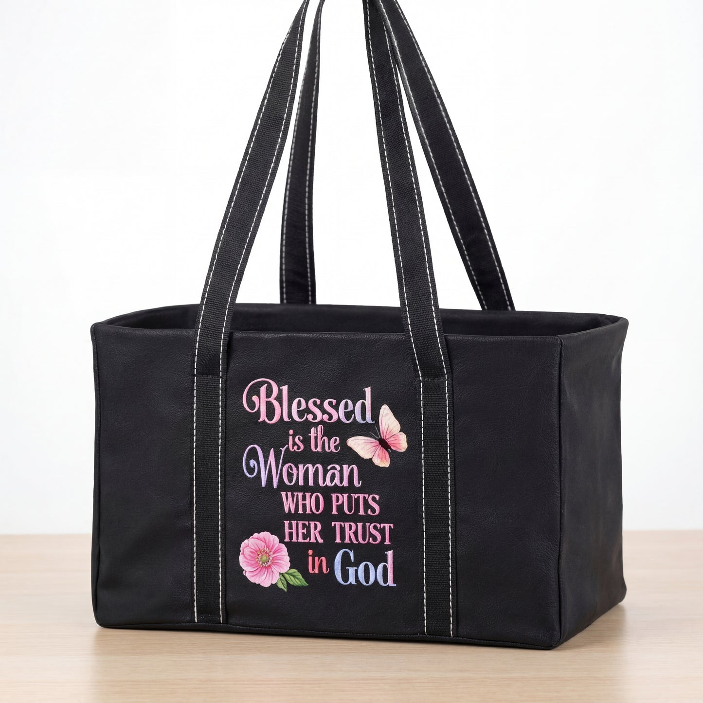 black Christian utility tote bag with floral Blessed is the woman who trusts in God print