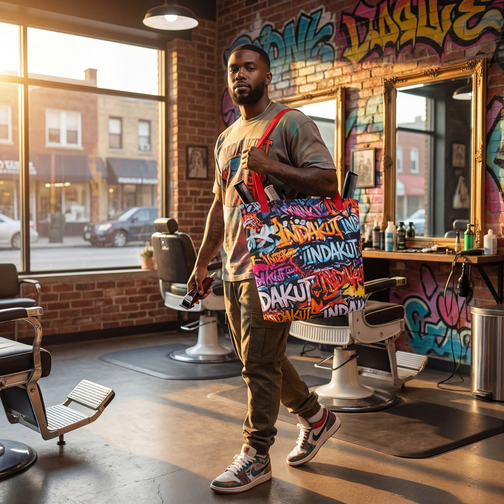 large graffiti print tote bag carried inside barbershop with urban interior and streetwear style