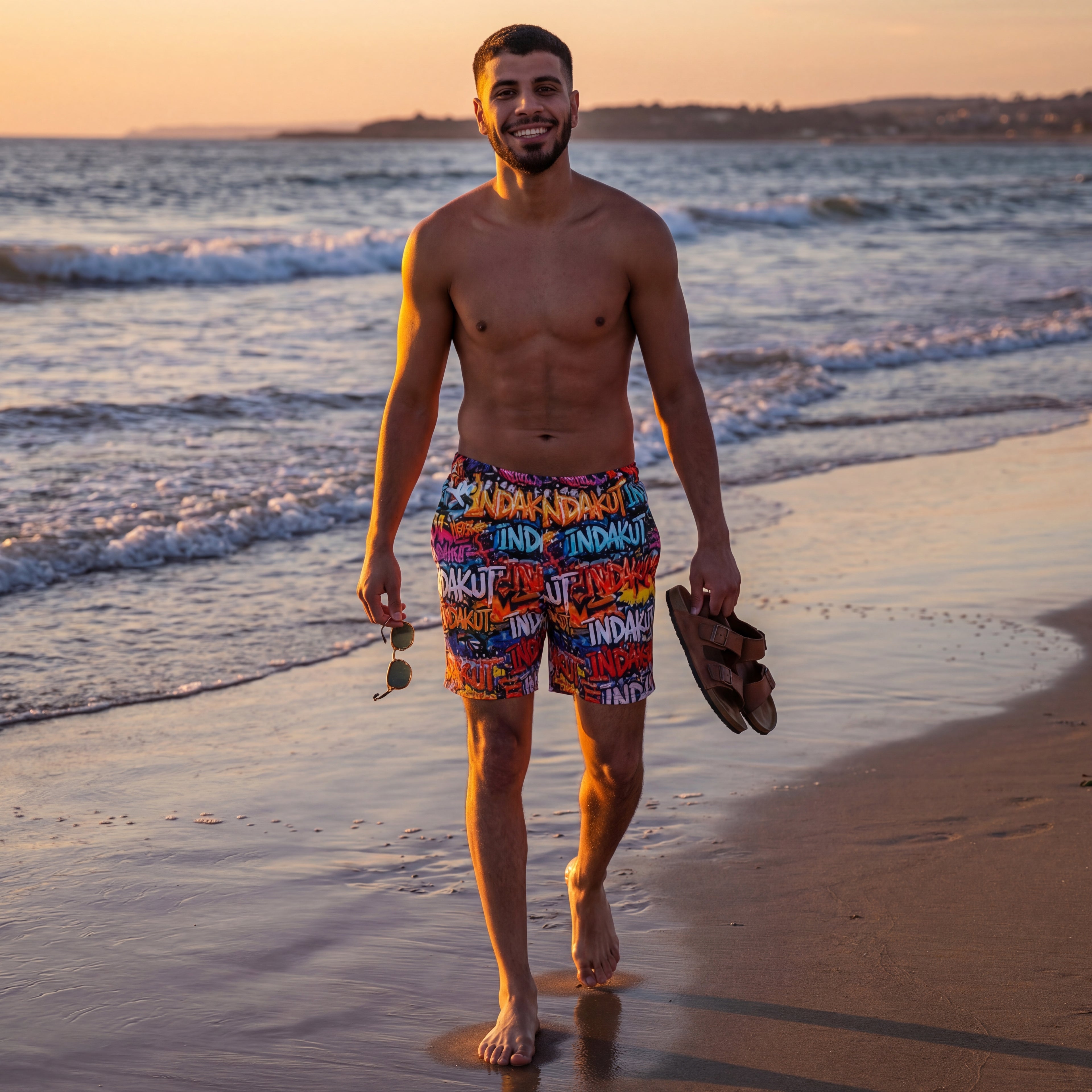 Indakut Everywhere men’s swim trunks with colorful graffiti print worn on beach at sunset