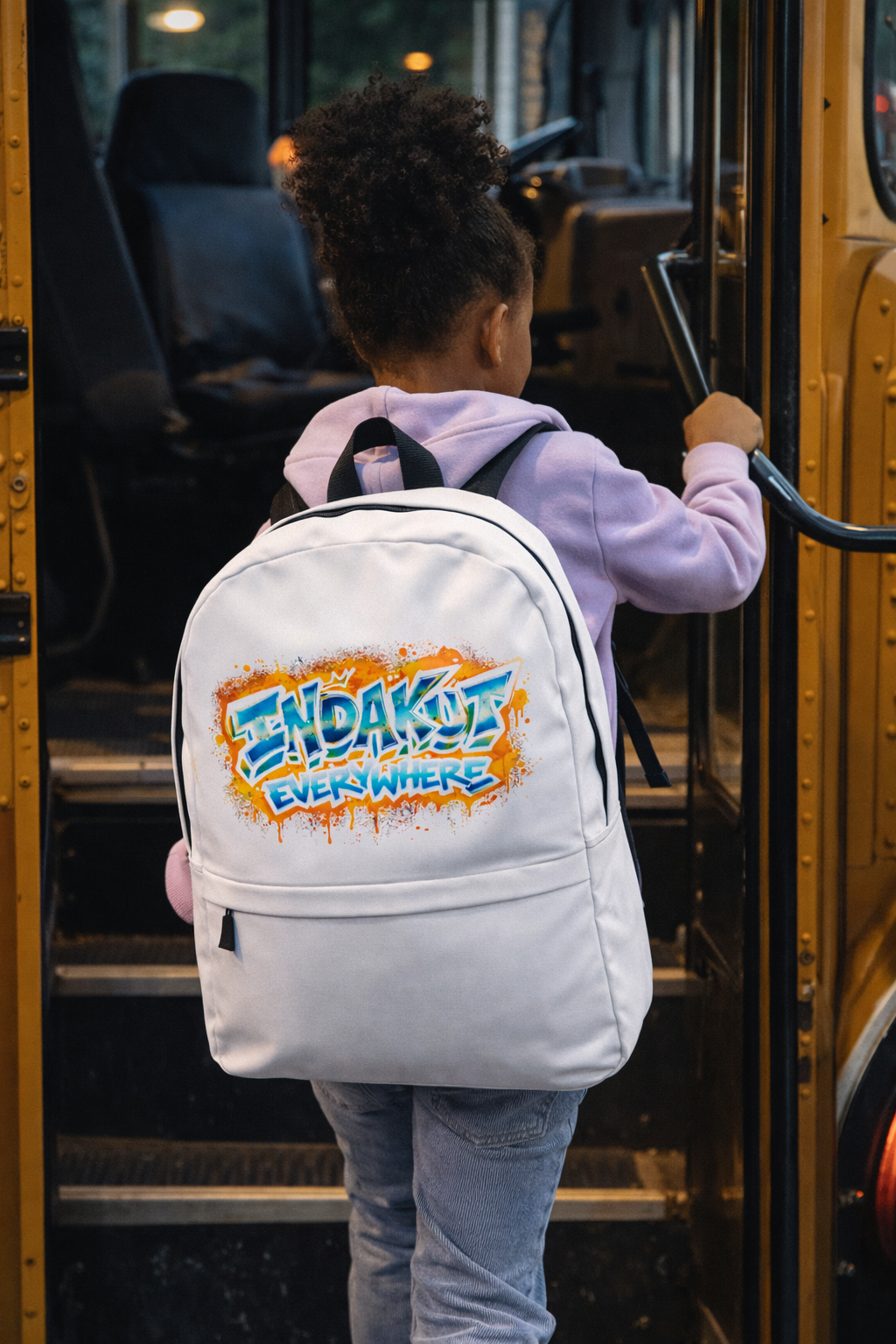 Indakut Everywhere backpack with graffiti logo worn by student boarding bus for everyday school use