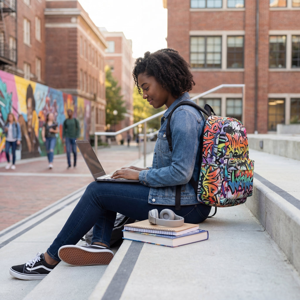 woman sitting outdoors with laptop wearing graffiti print backpack in urban campus environment
