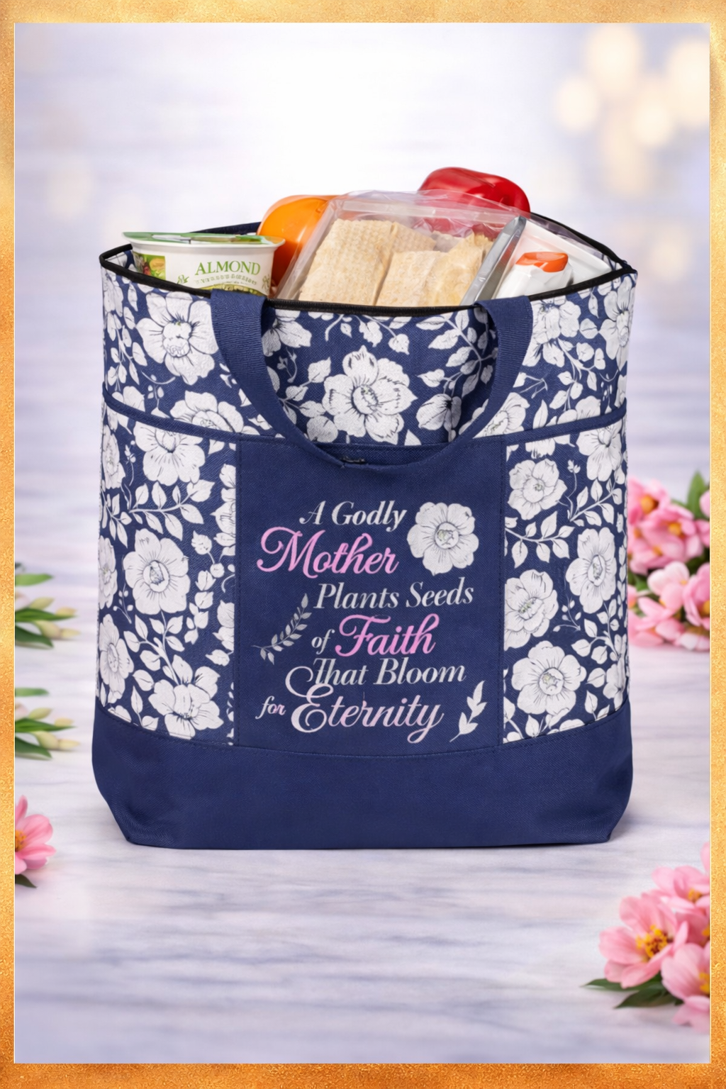 Christian insulated cooler tote bag for mom floral faith lunch bag with zipper and pockets