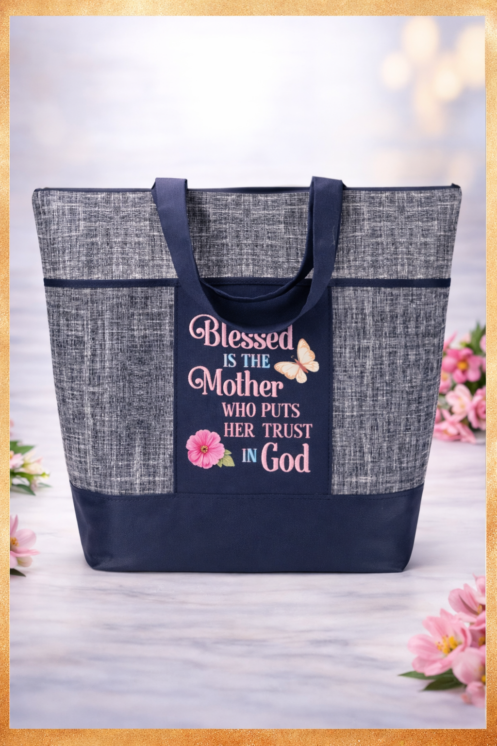 Christian zippered tote bag for mom with faith message and pockets reusable everyday carry bag