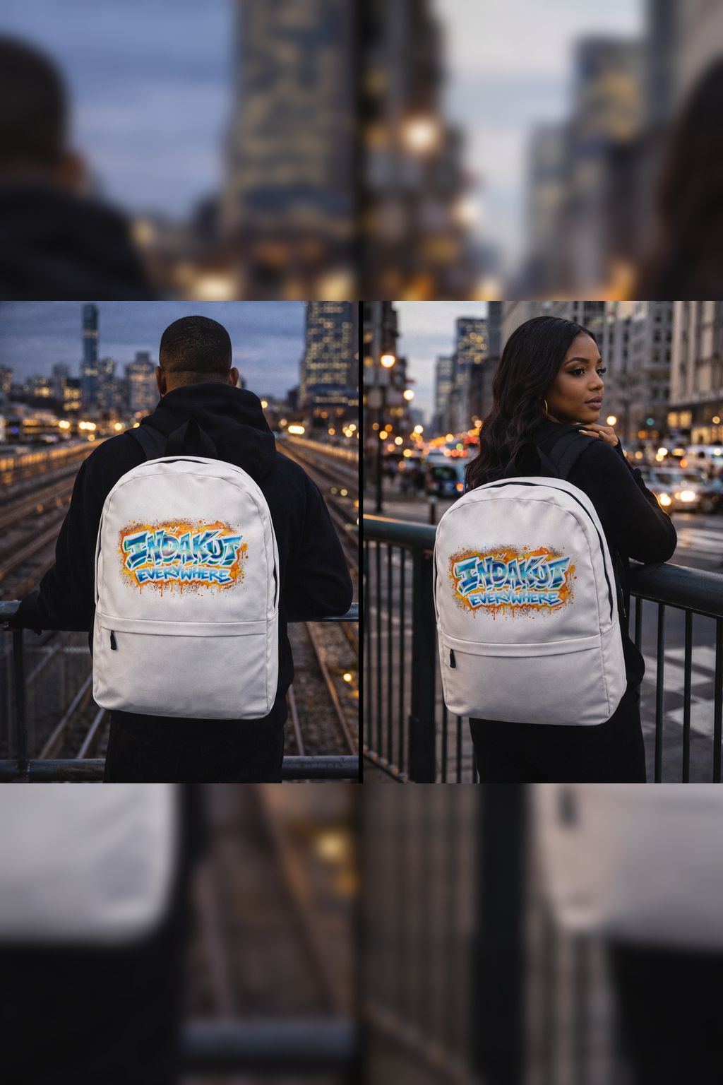 Indakut Everywhere backpack with graffiti logo worn in urban street setting for everyday carry