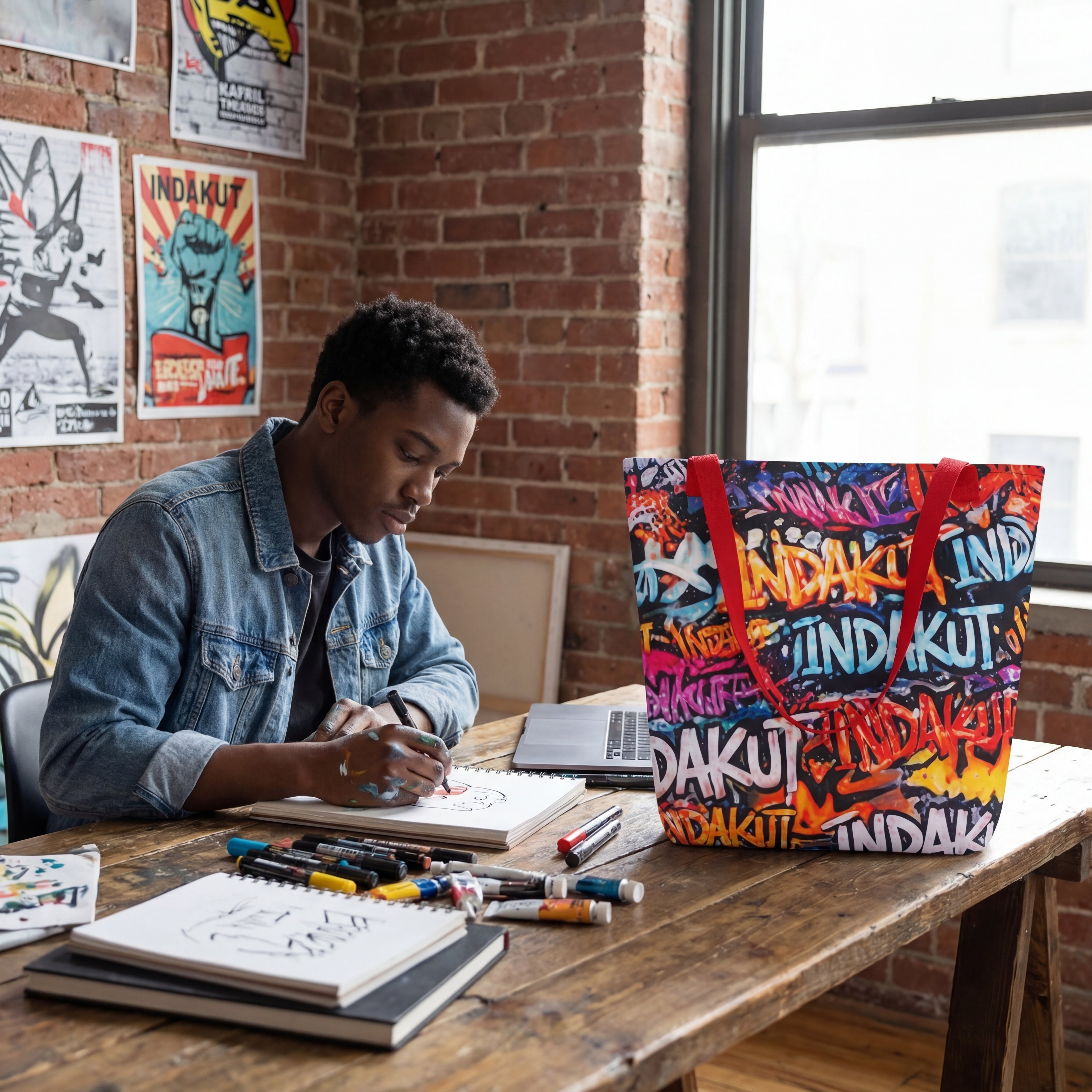 graffiti print tote bag on desk in art studio with sketchbook, markers, and creative workspace setup