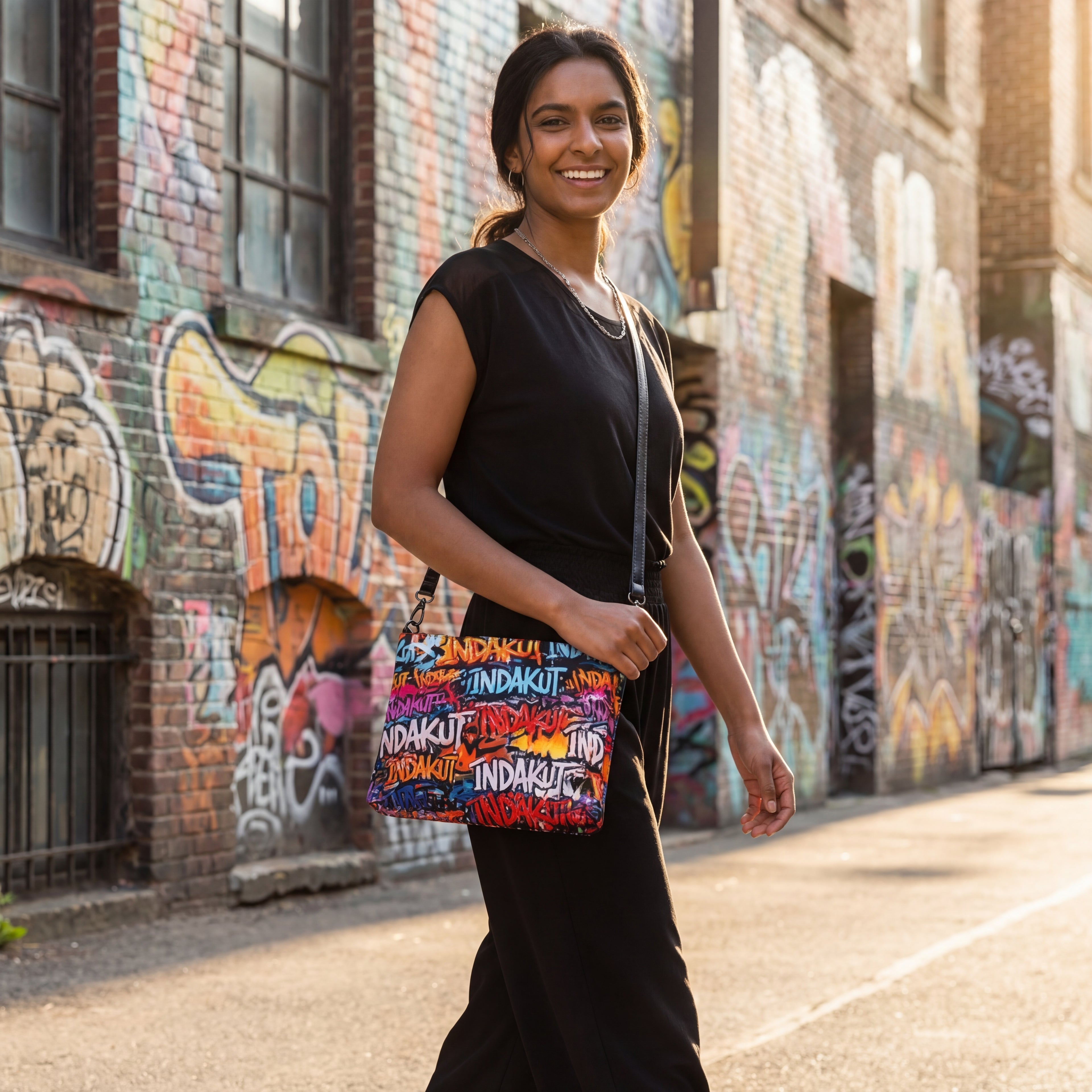 woman wearing graffiti print crossbody bag in colorful street art alley urban lifestyle scene