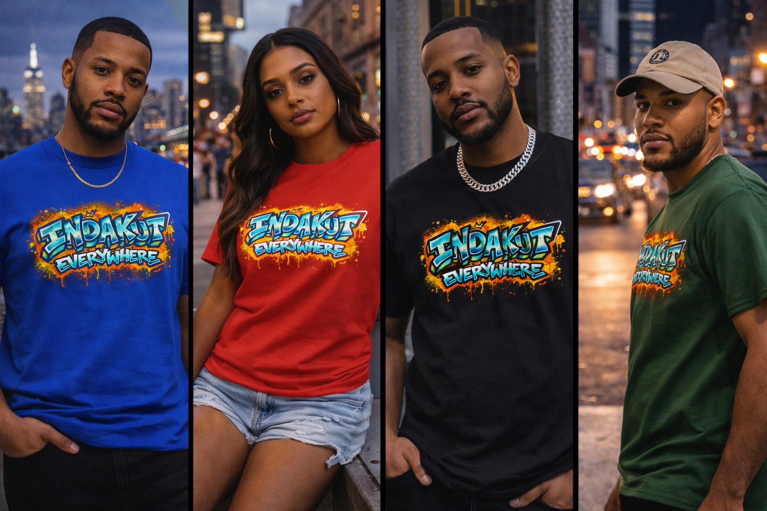 Indakut Everywhere classic t-shirt with graffiti logo worn in urban streetwear setting