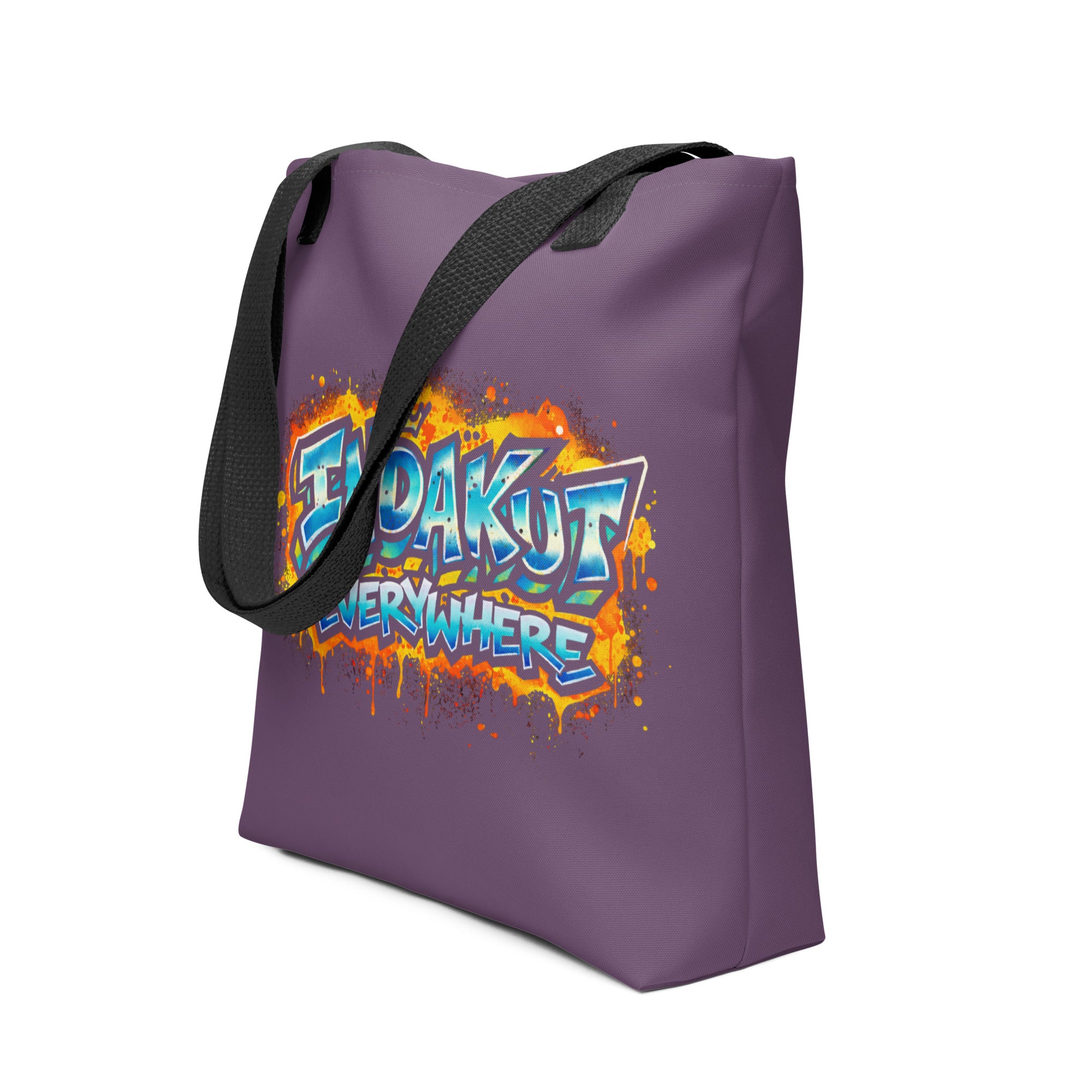 Indakut Everywhere purple tote bag with black handles featuring graffiti logo for urban streetwear style