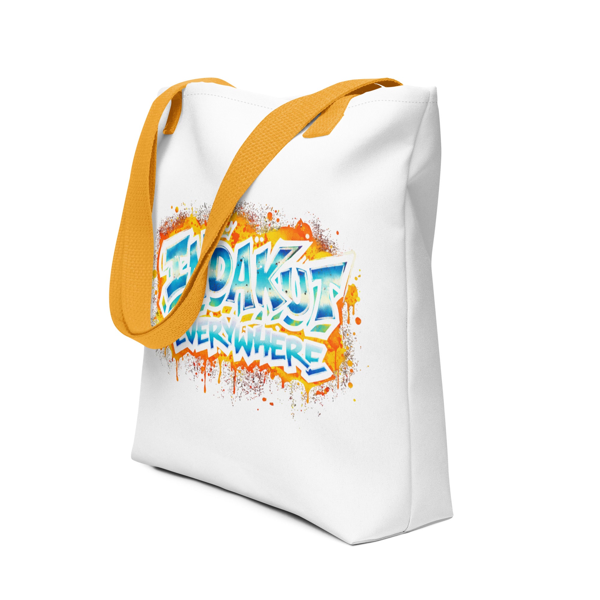 Indakut Everywhere white tote bag with orange handles featuring graffiti logo for urban lifestyle carry