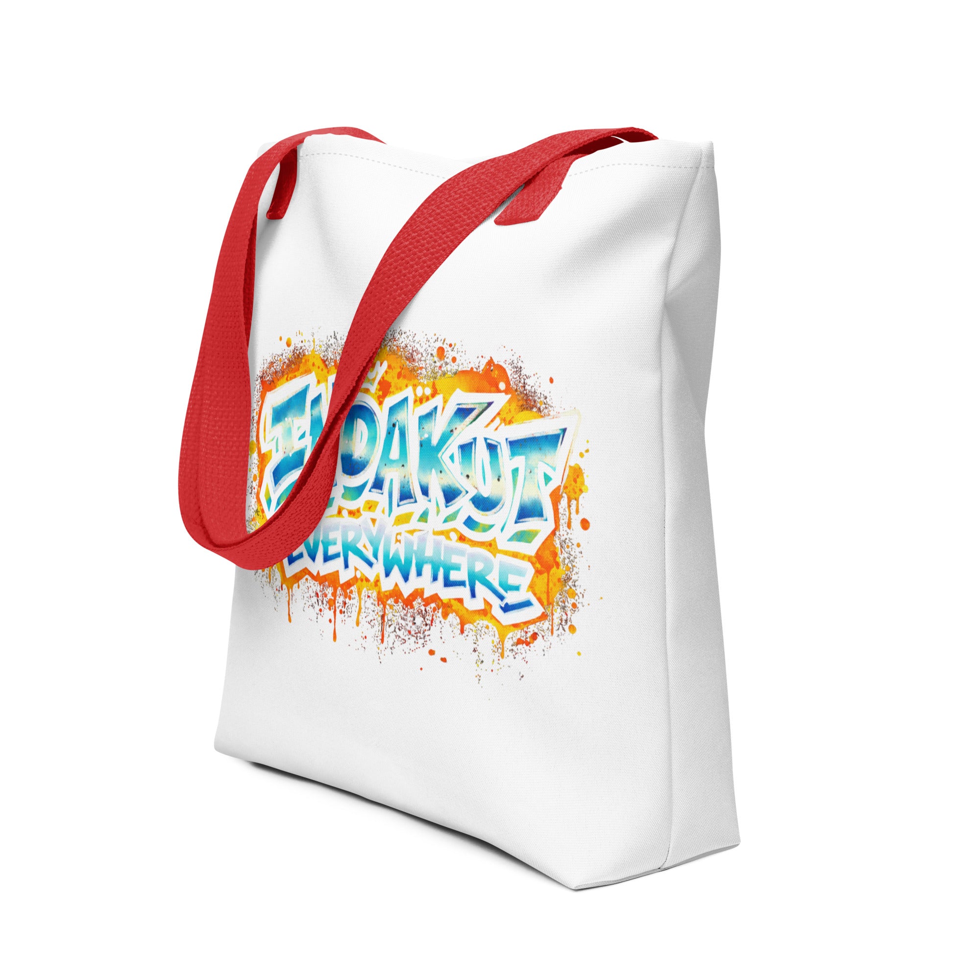 Indakut Everywhere white tote bag with red handles and graffiti logo for bold streetwear fashion