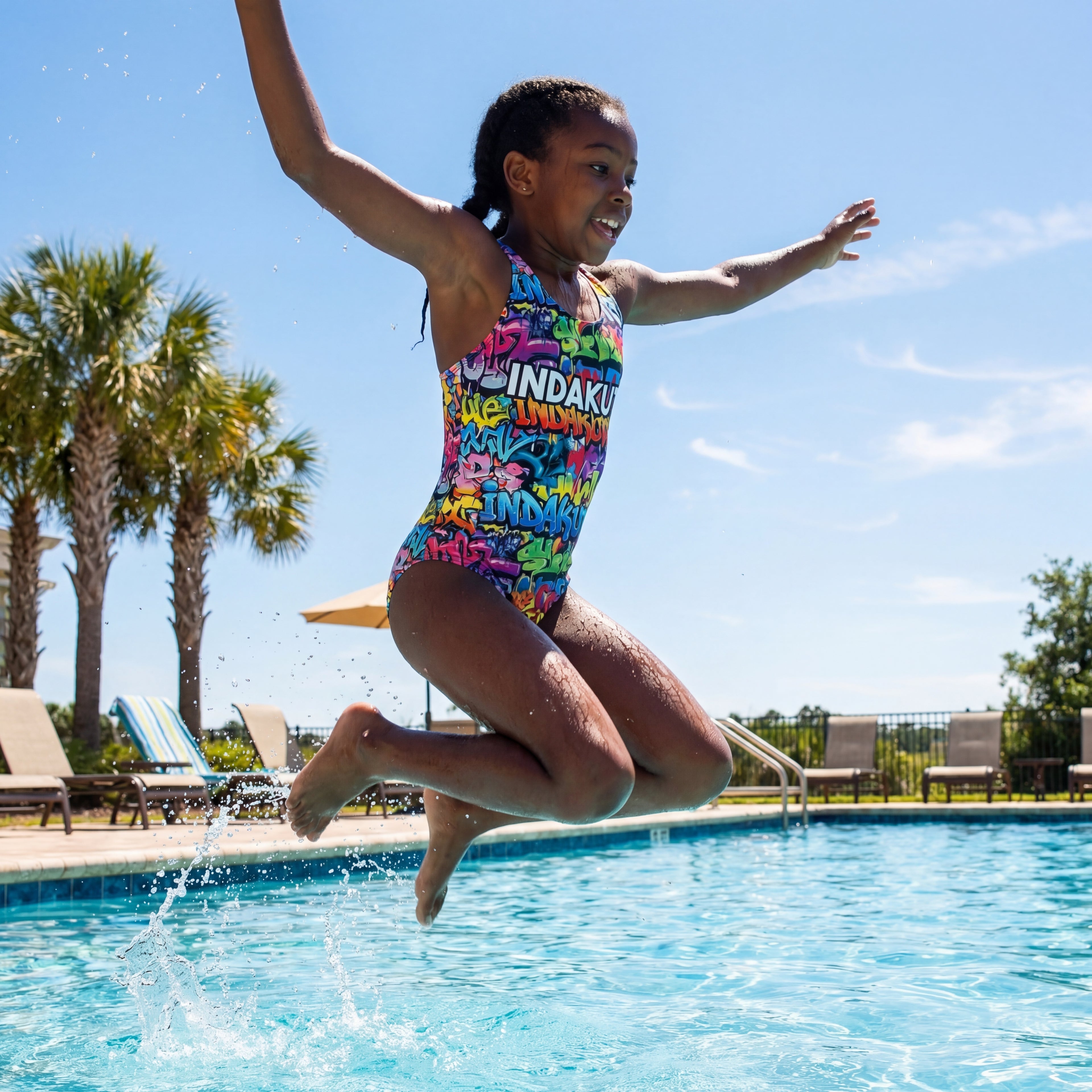 Indakut Everywhere kids swimsuit with graffiti design jumping into pool in summer activity scene