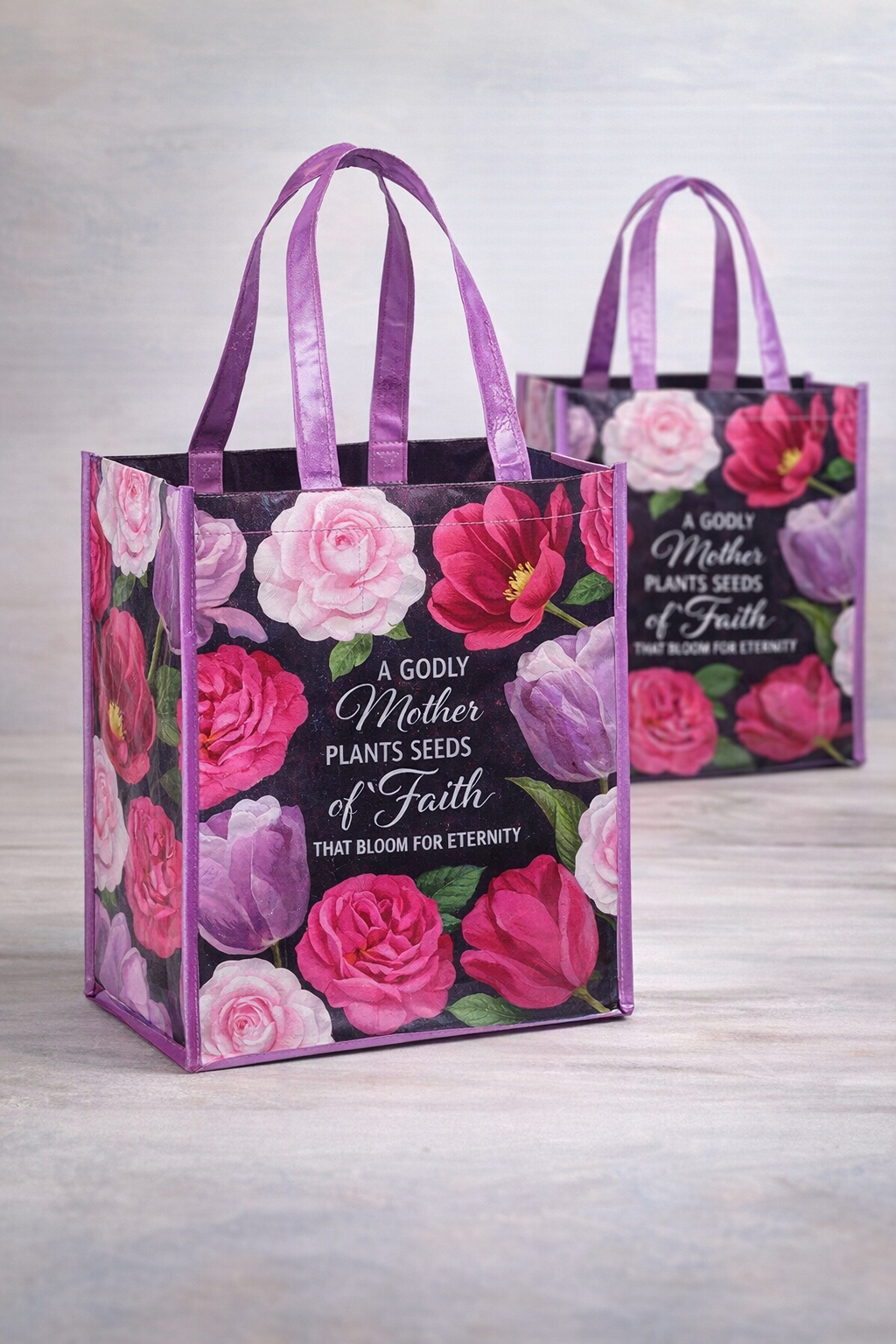 Christian Mother's Day floral tote bag with A godly mother plants seeds of faith inspirational message