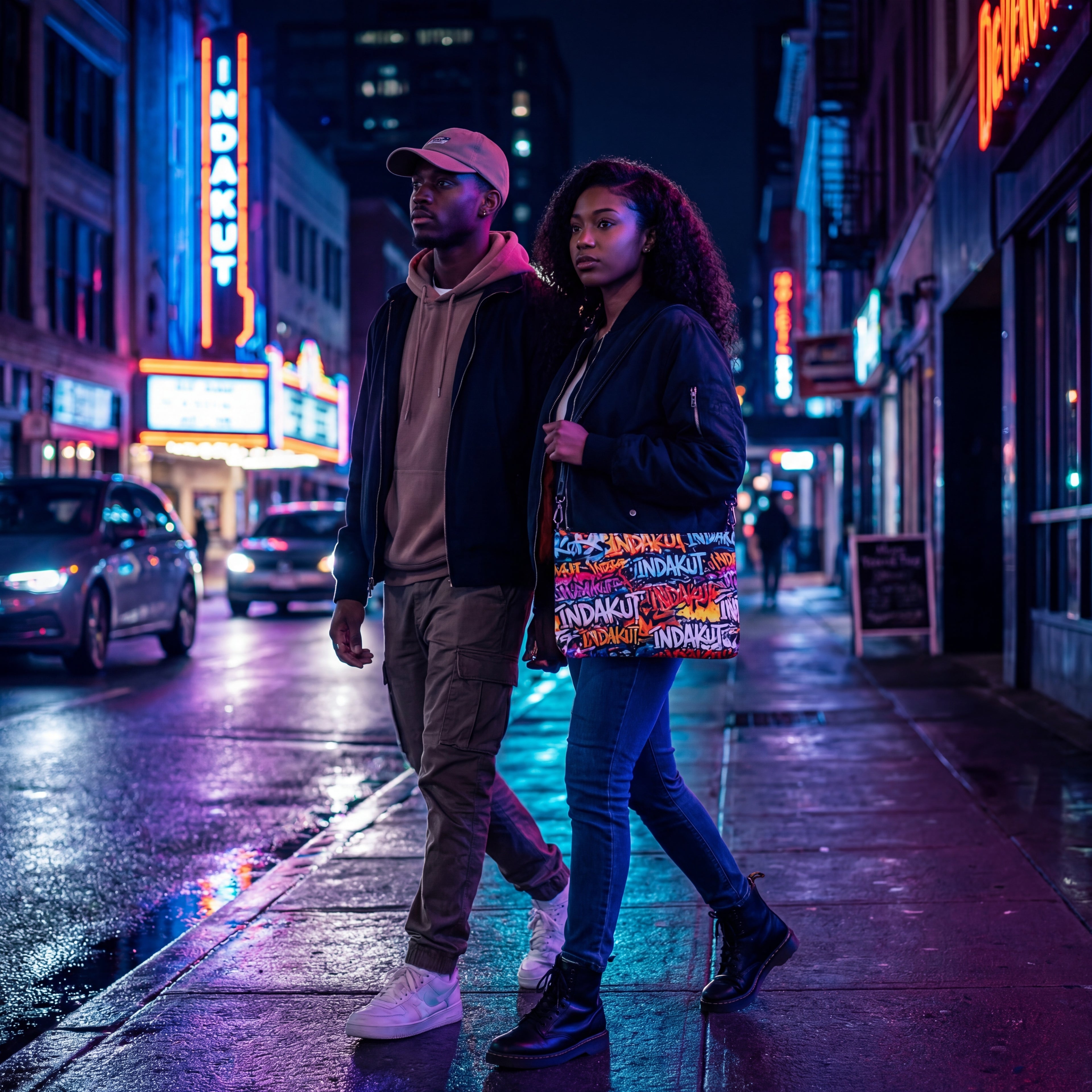 couple walking in city at night wearing graffiti print crossbody bag with neon lights and street style