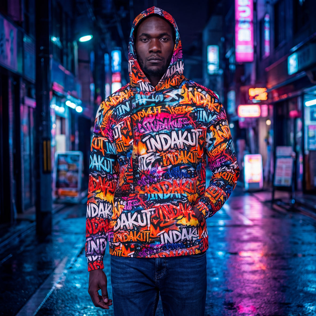 man wearing graffiti print hoodie at night in city street with neon lights and urban streetwear aesthetic