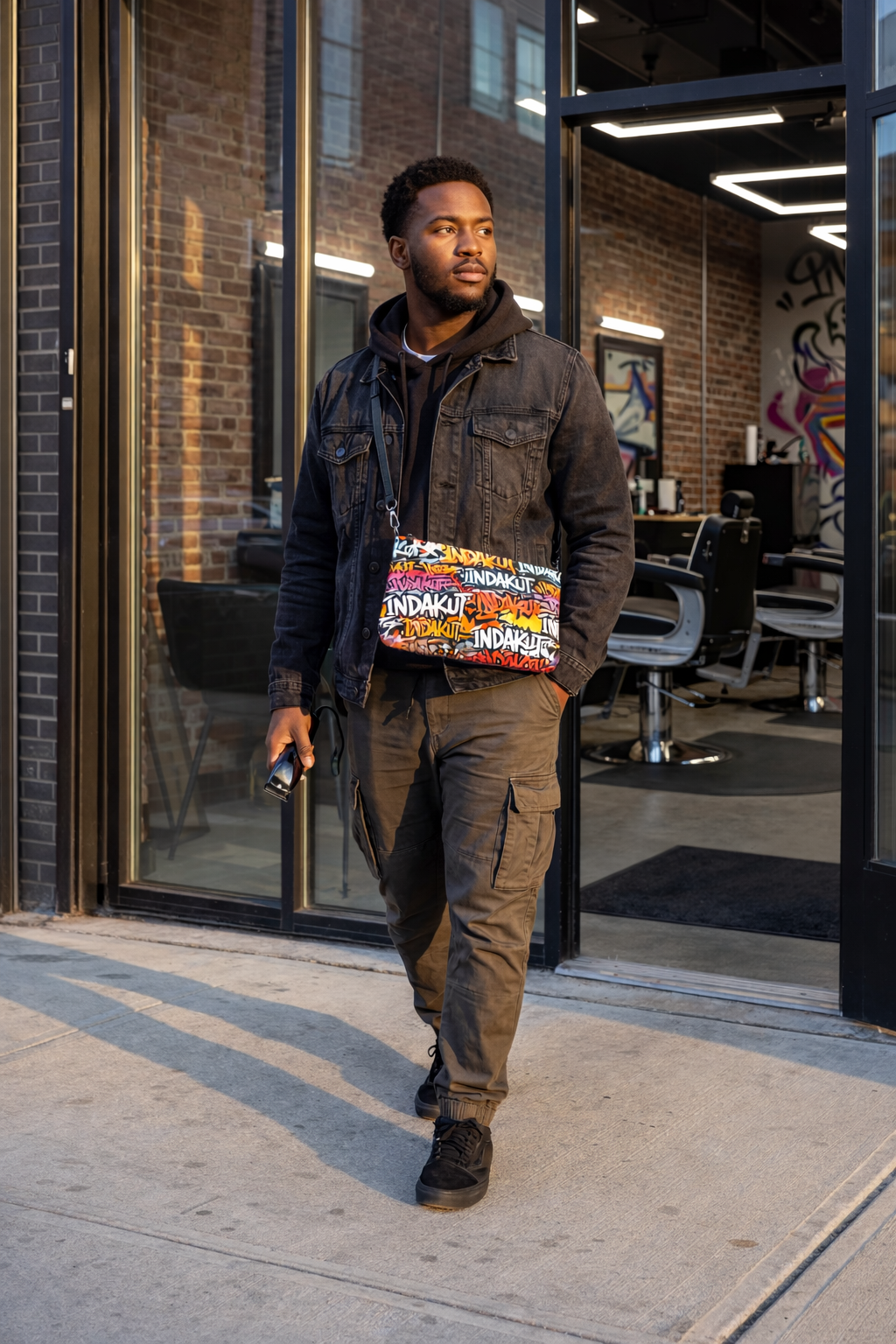 graffiti print crossbody bag worn by man outside barbershop with urban streetwear style