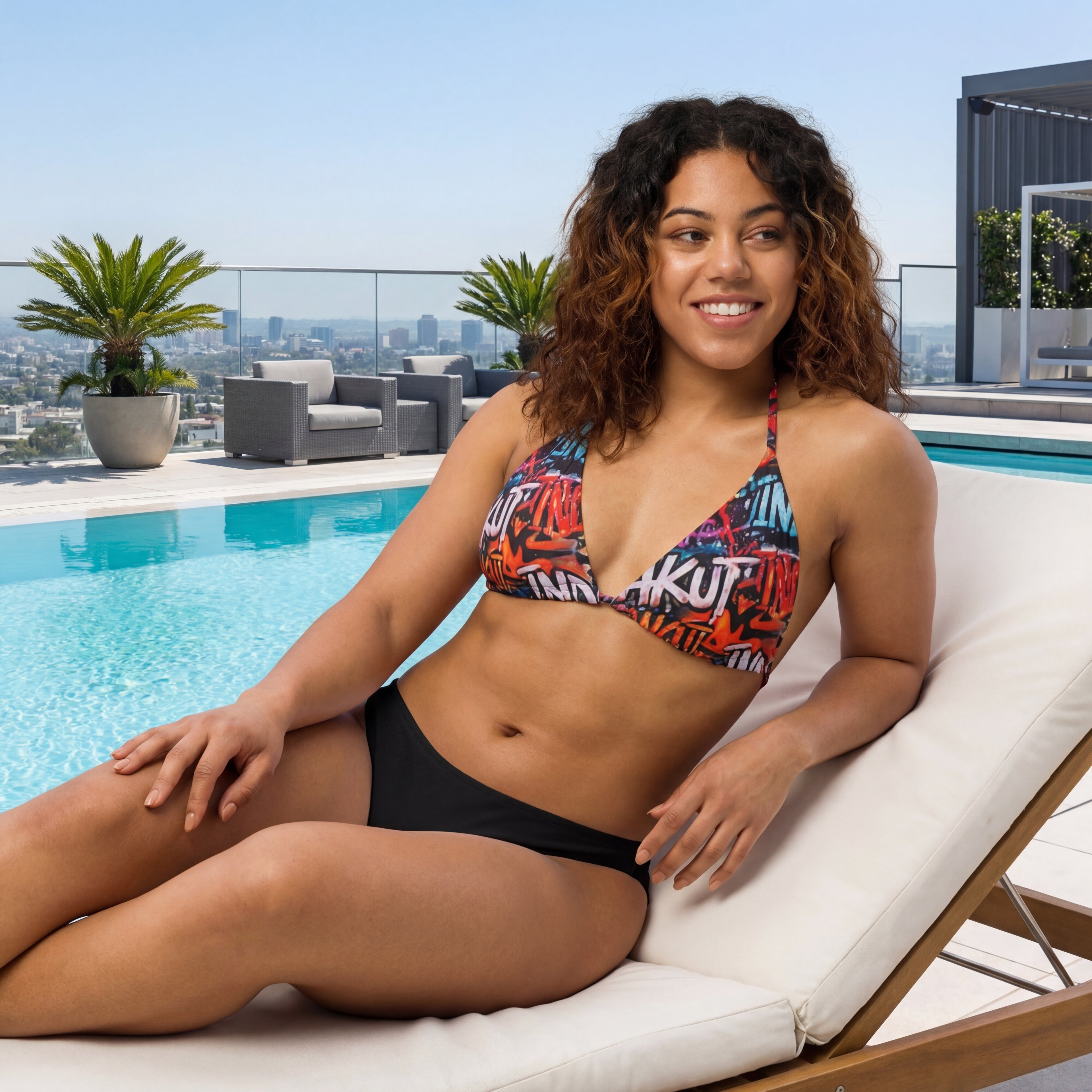 Indakut Everywhere padded bikini top with graffiti design worn poolside in modern setting