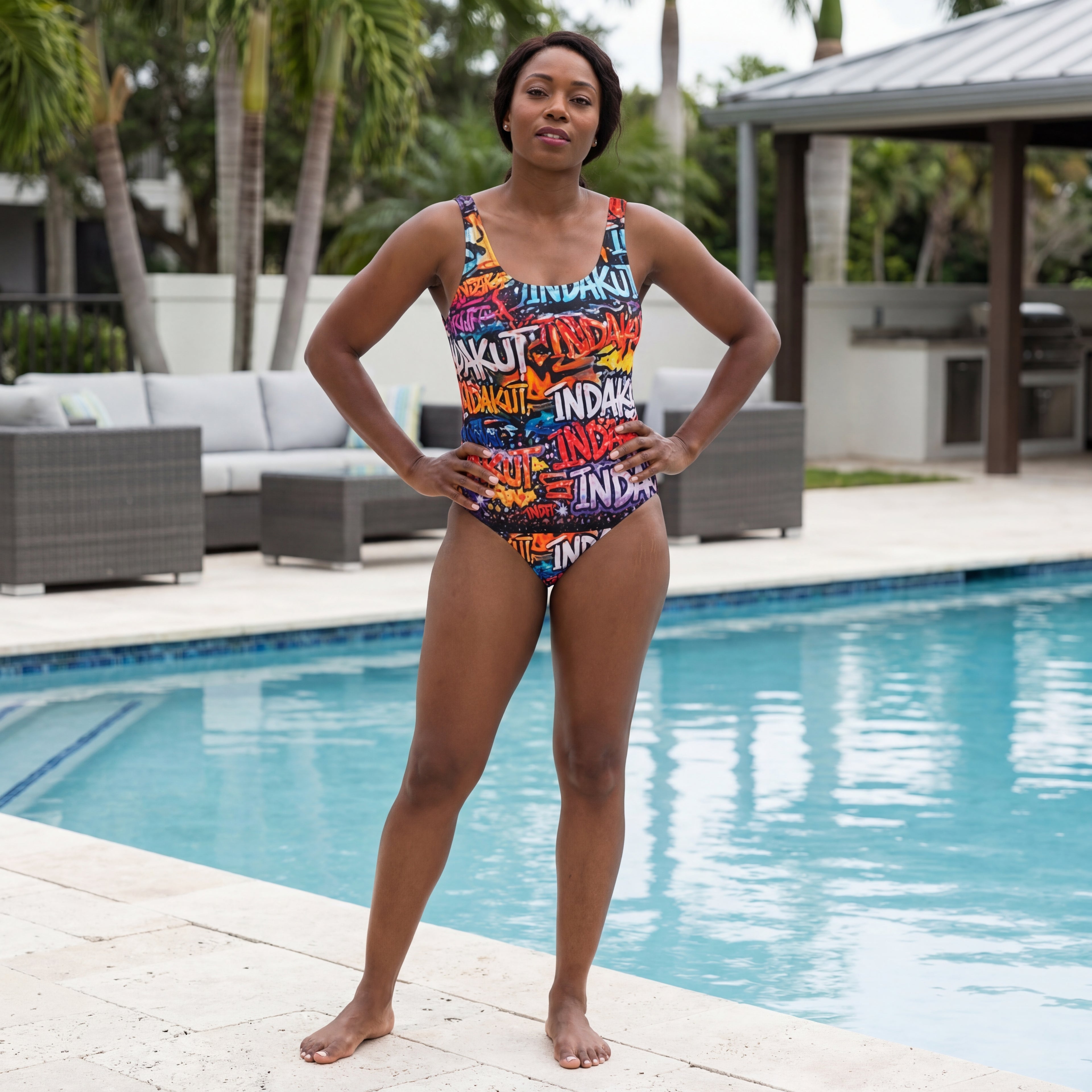 Indakut Everywhere women’s one piece swimsuit with graffiti print worn poolside