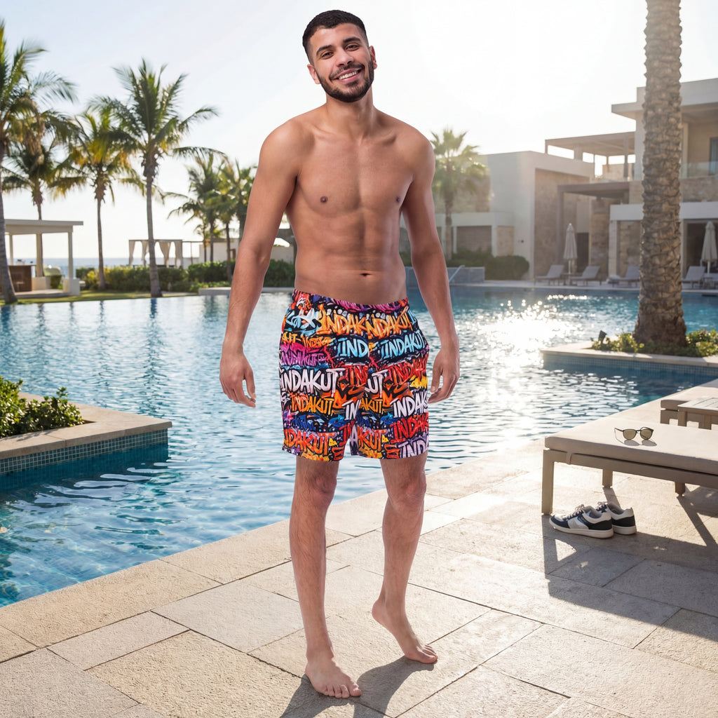 Indakut Everywhere men’s graphic swim trunks with all over print styled poolside in resort setting