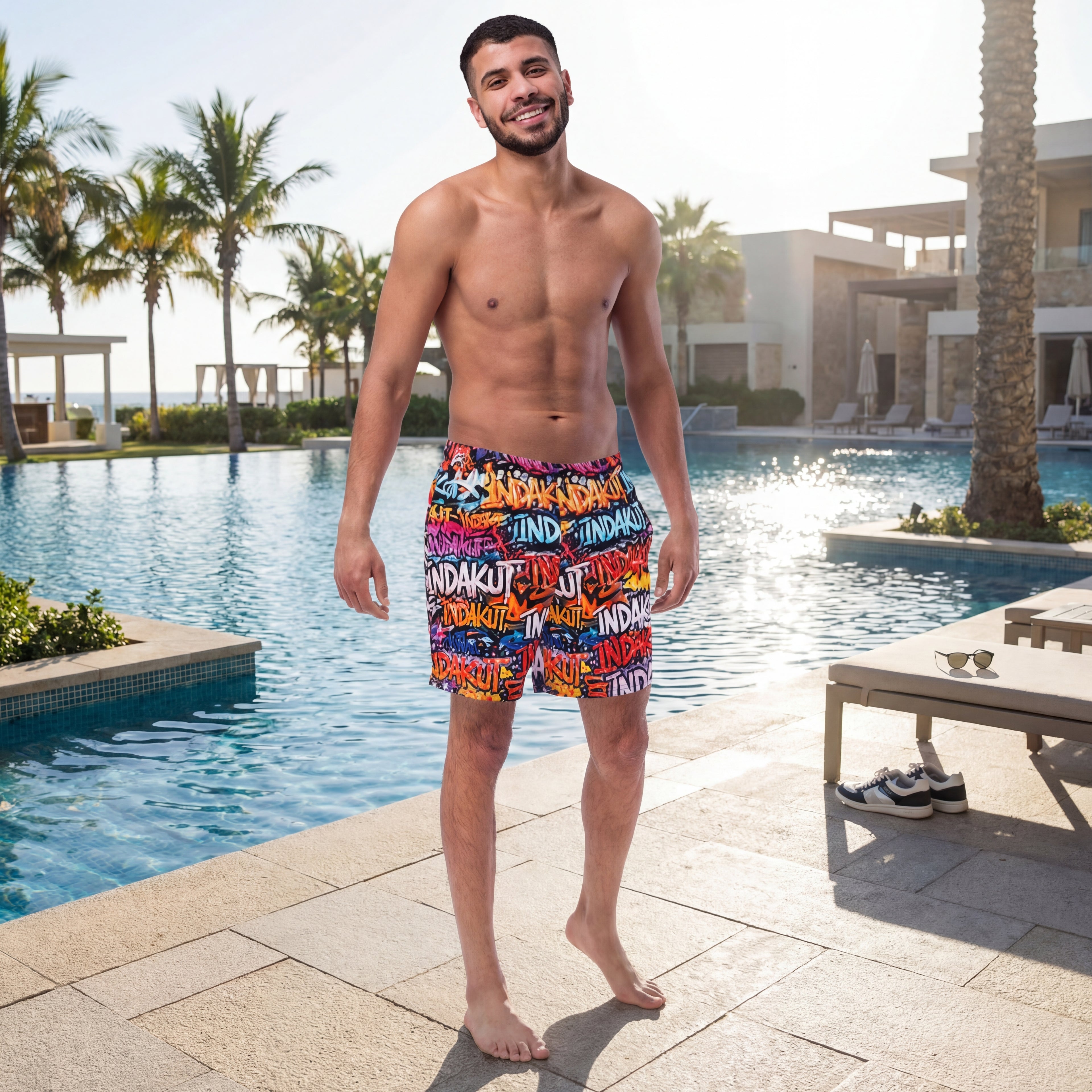 Indakut Everywhere men’s graphic swim trunks with all over print styled poolside in resort setting