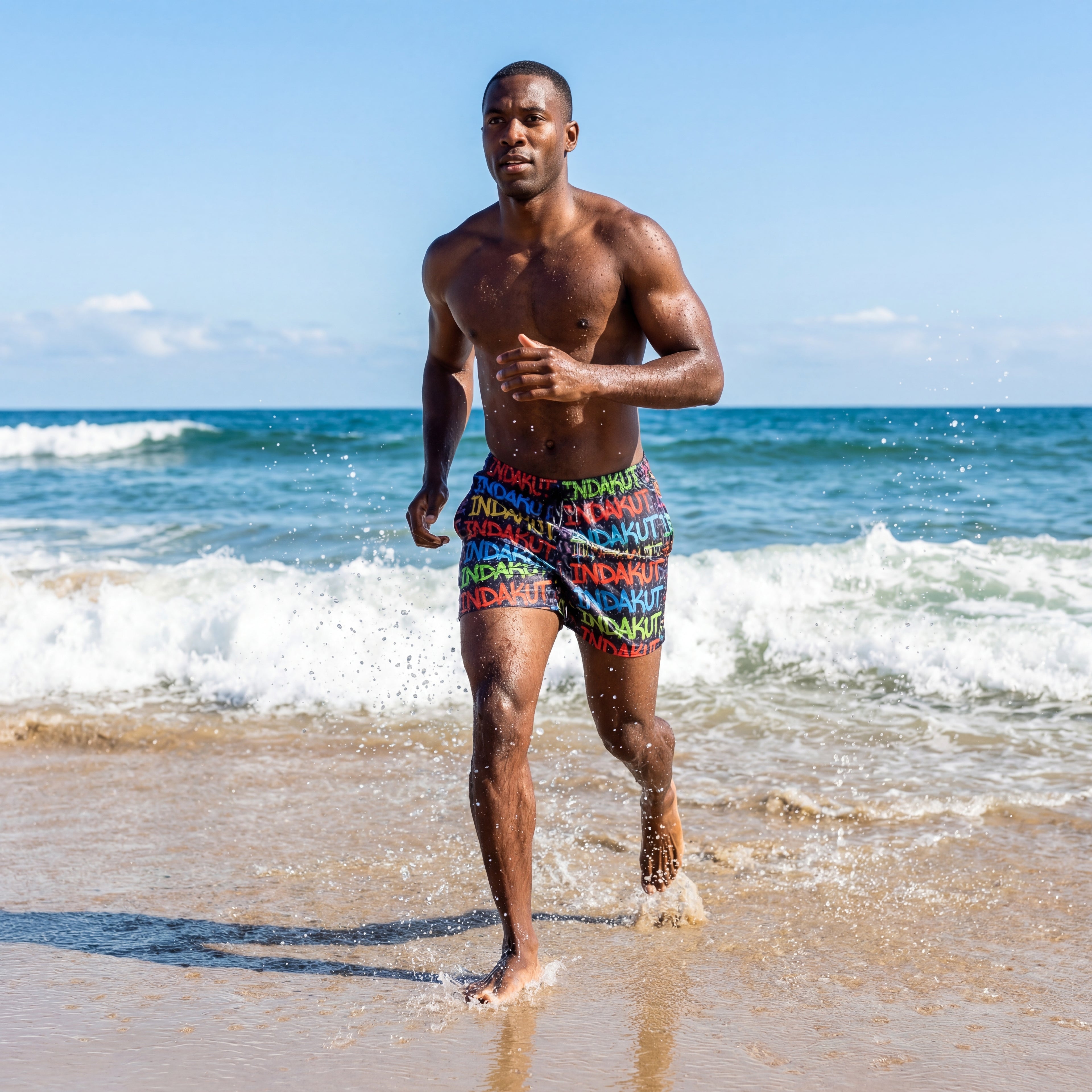 Indakut Everywhere men’s swim shorts with graffiti design worn while running on beach in active lifestyle scene