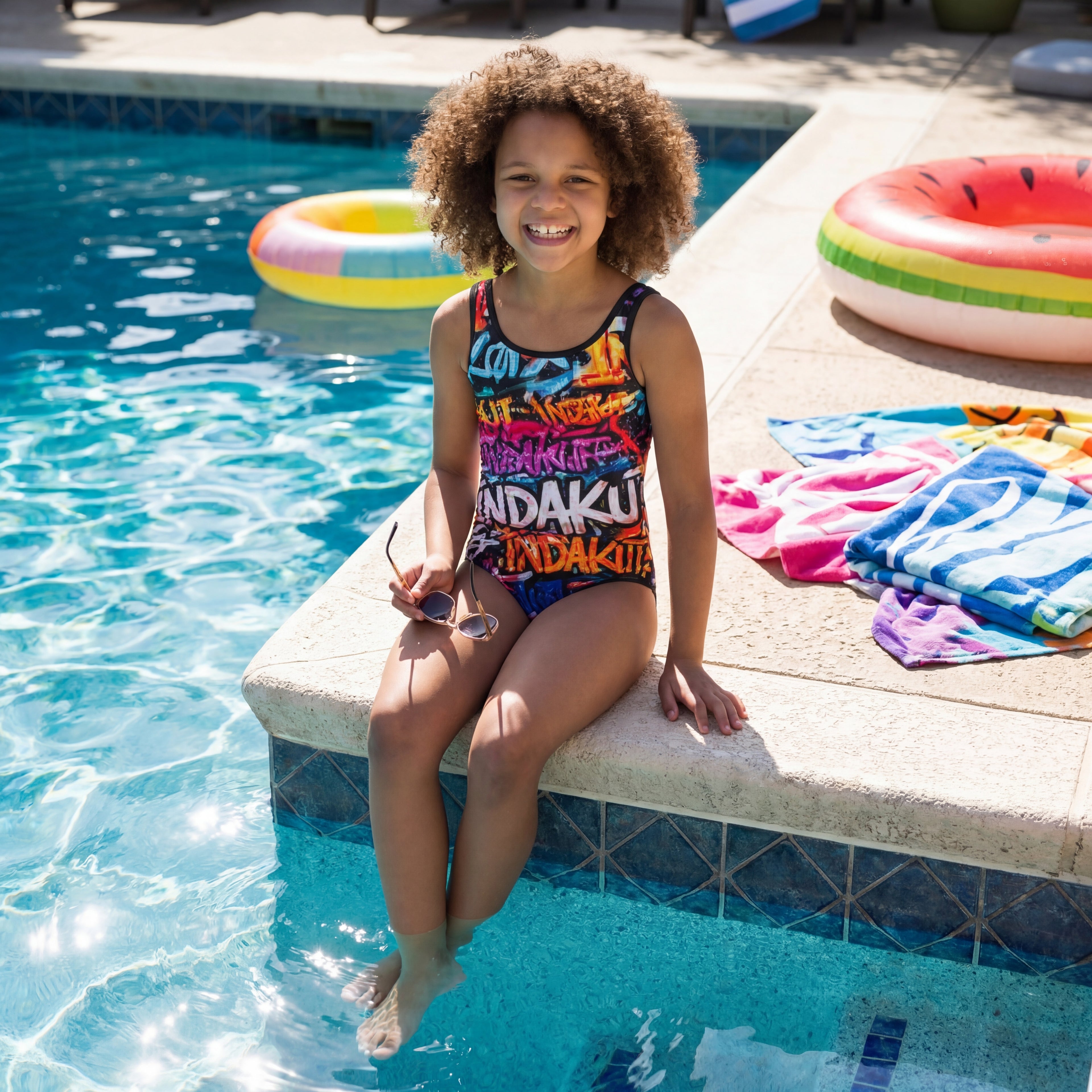 Indakut Everywhere kids swimsuit with colorful graffiti print worn poolside in summer lifestyle setting