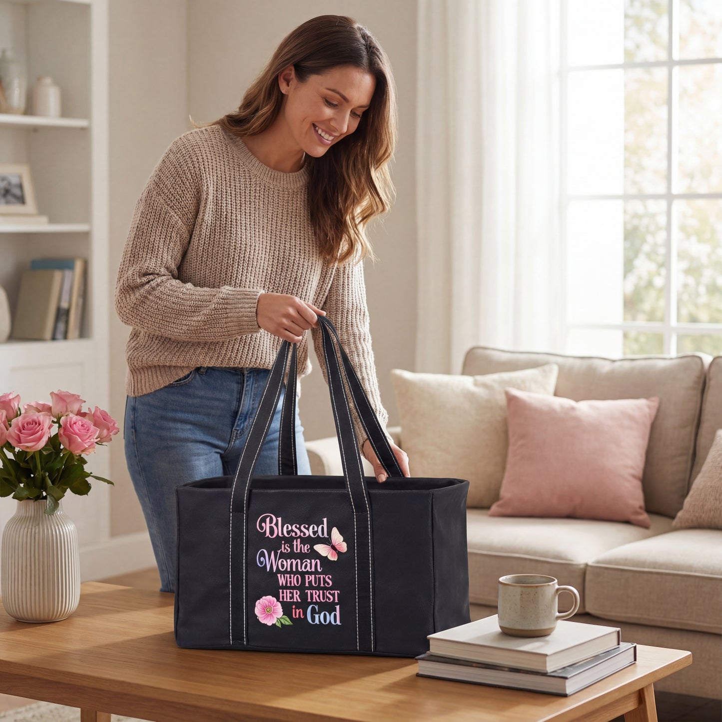 woman using large black Christian tote bag at home with inspirational faith quote design