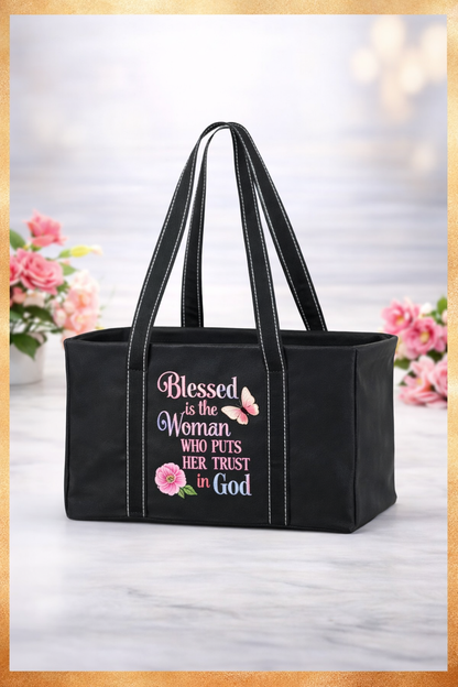 Christian tote bag for women with Blessed is the woman who trusts in God design on black utility bag
