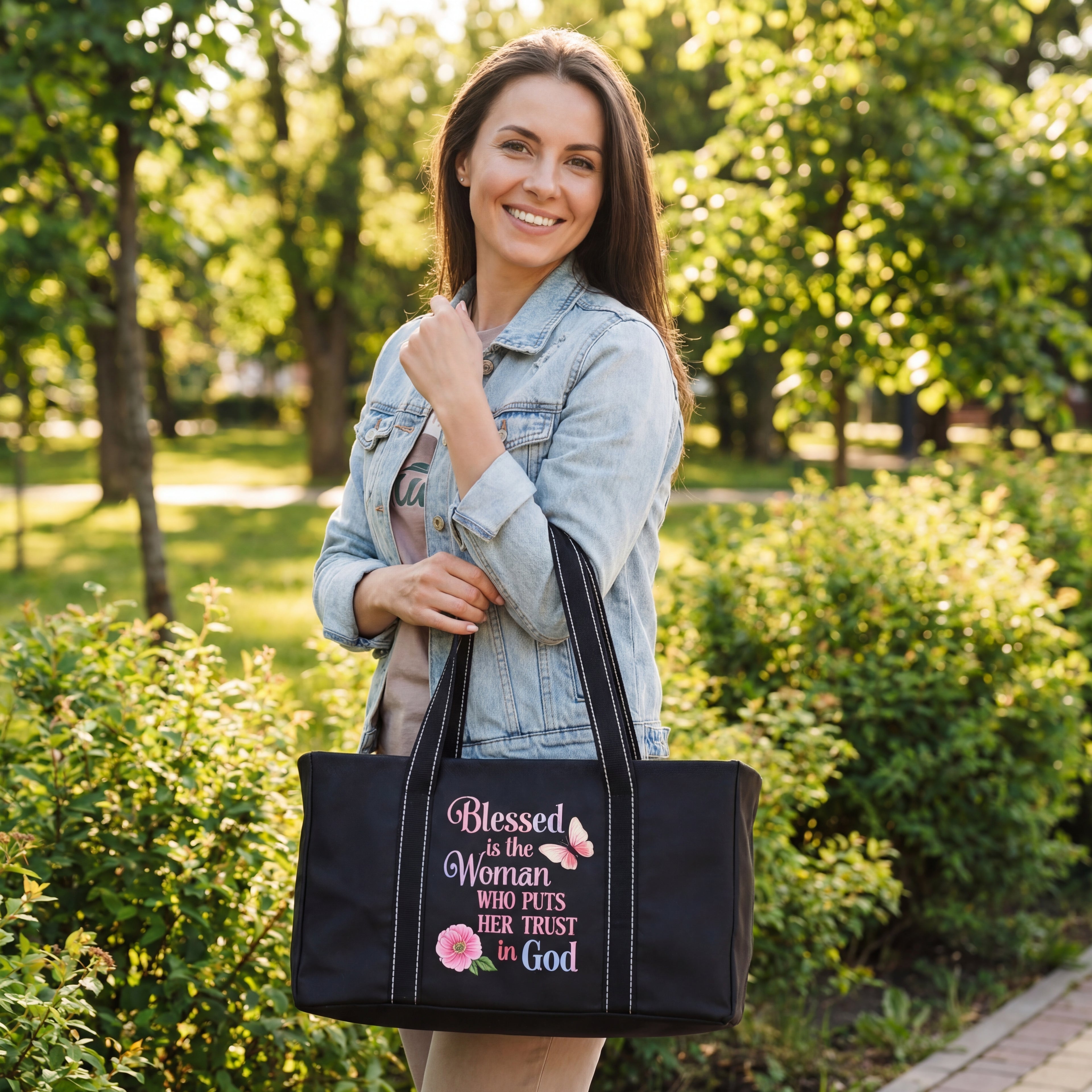 woman carrying Christian utility tote bag outdoors with faith based message design