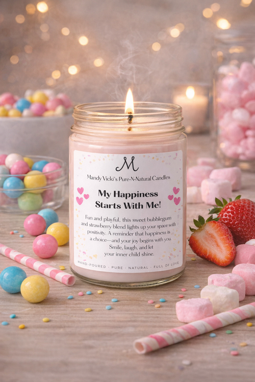 affirmation candle for women my happiness starts with me strawberry bubblegum scented candle in glass jar with soft cozy background
