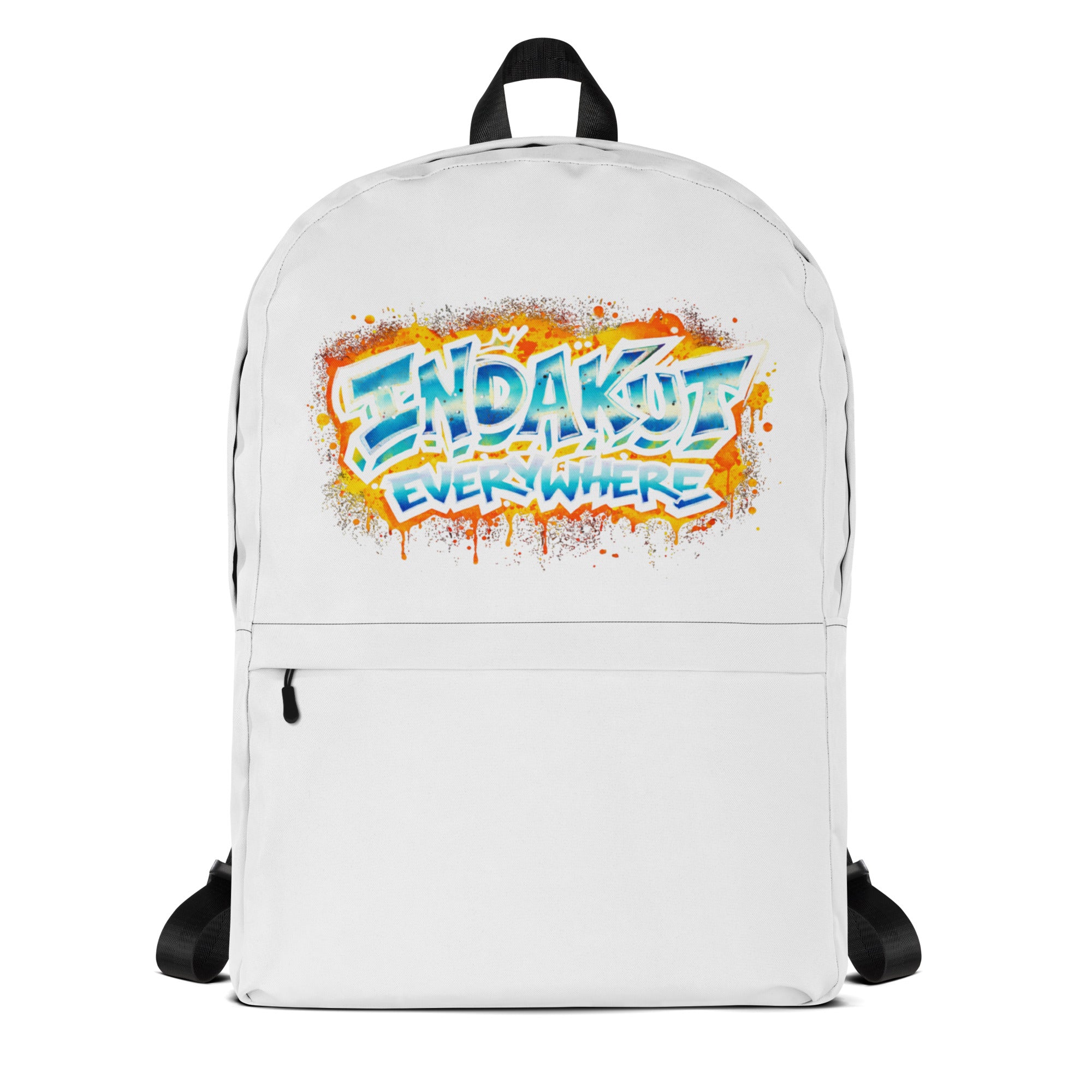 Indakut Everywhere backpack with graffiti logo design on white background for everyday use