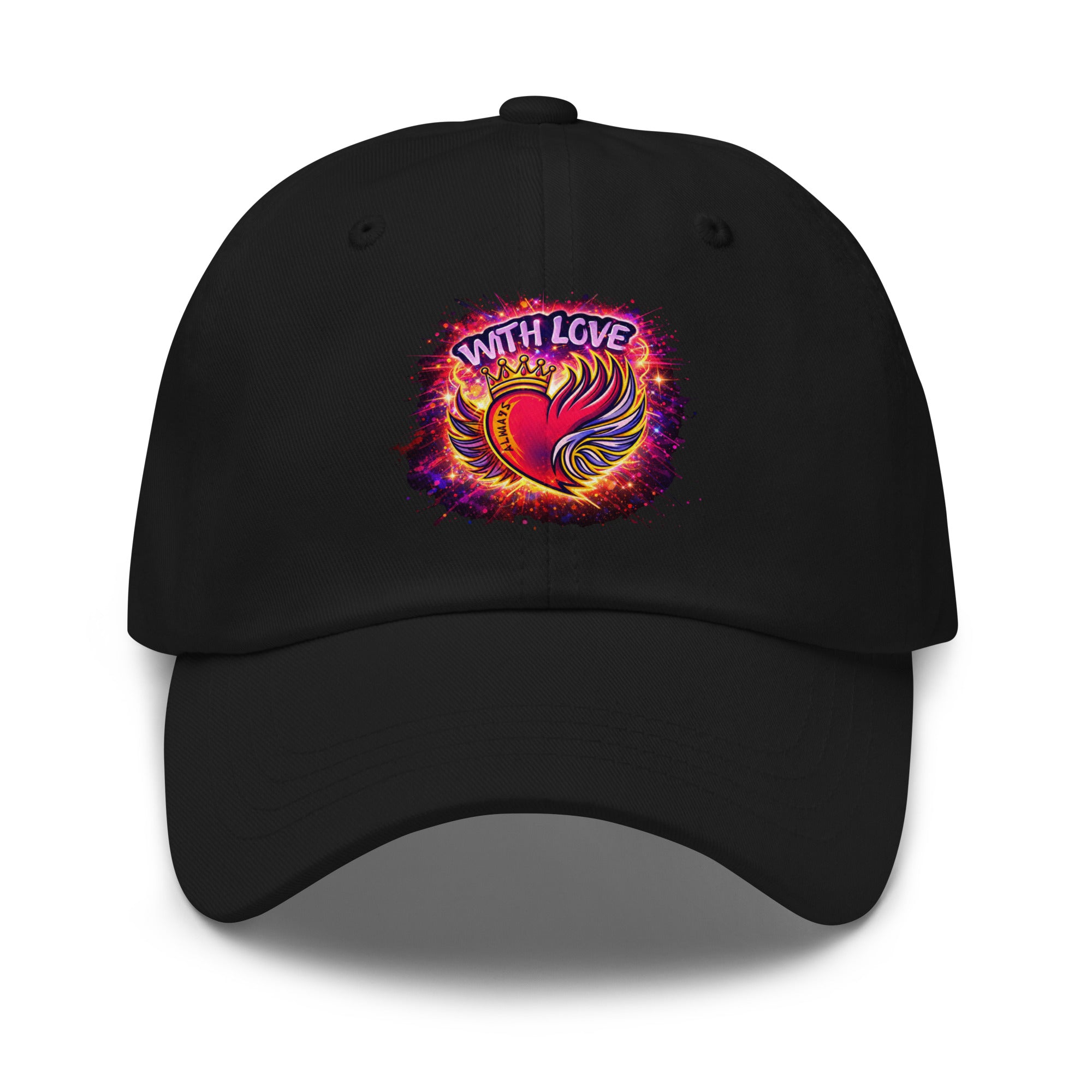 With Love Always embroidered dad hat in Black with heart and wings design on plain background
