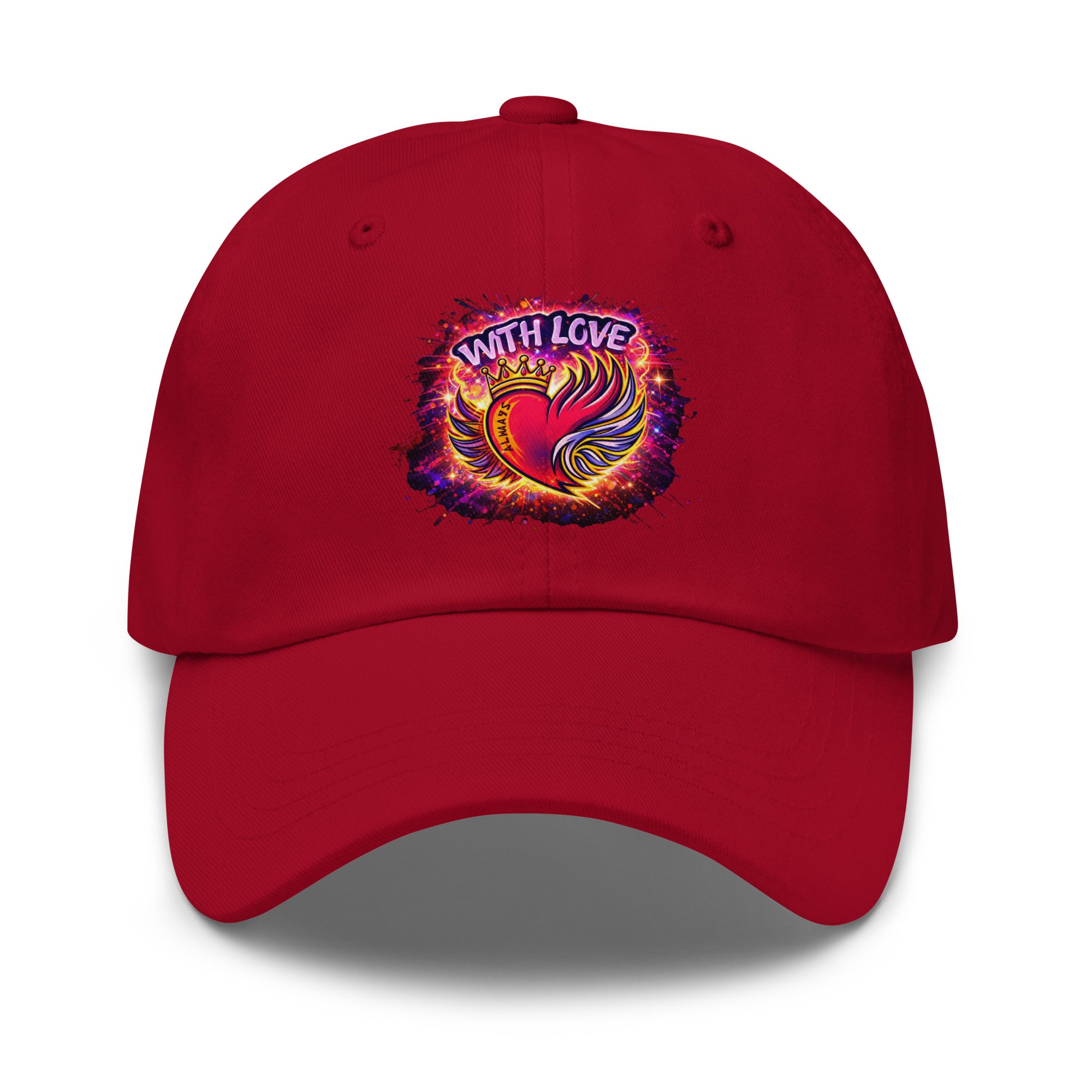 With Love Always embroidered dad hat in Cranberry with heart and wings design on plain background