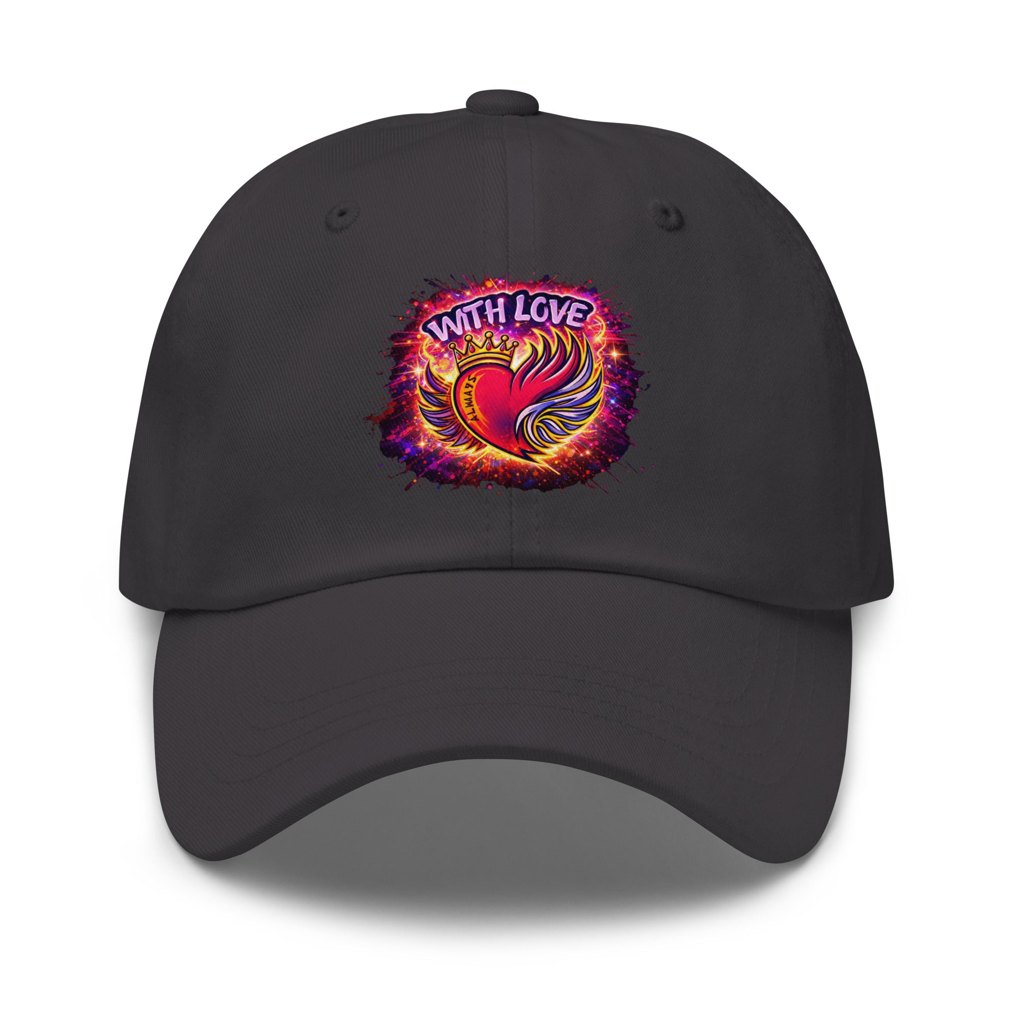 With Love Always embroidered dad hat in Dark Grey with heart and wings design on plain background