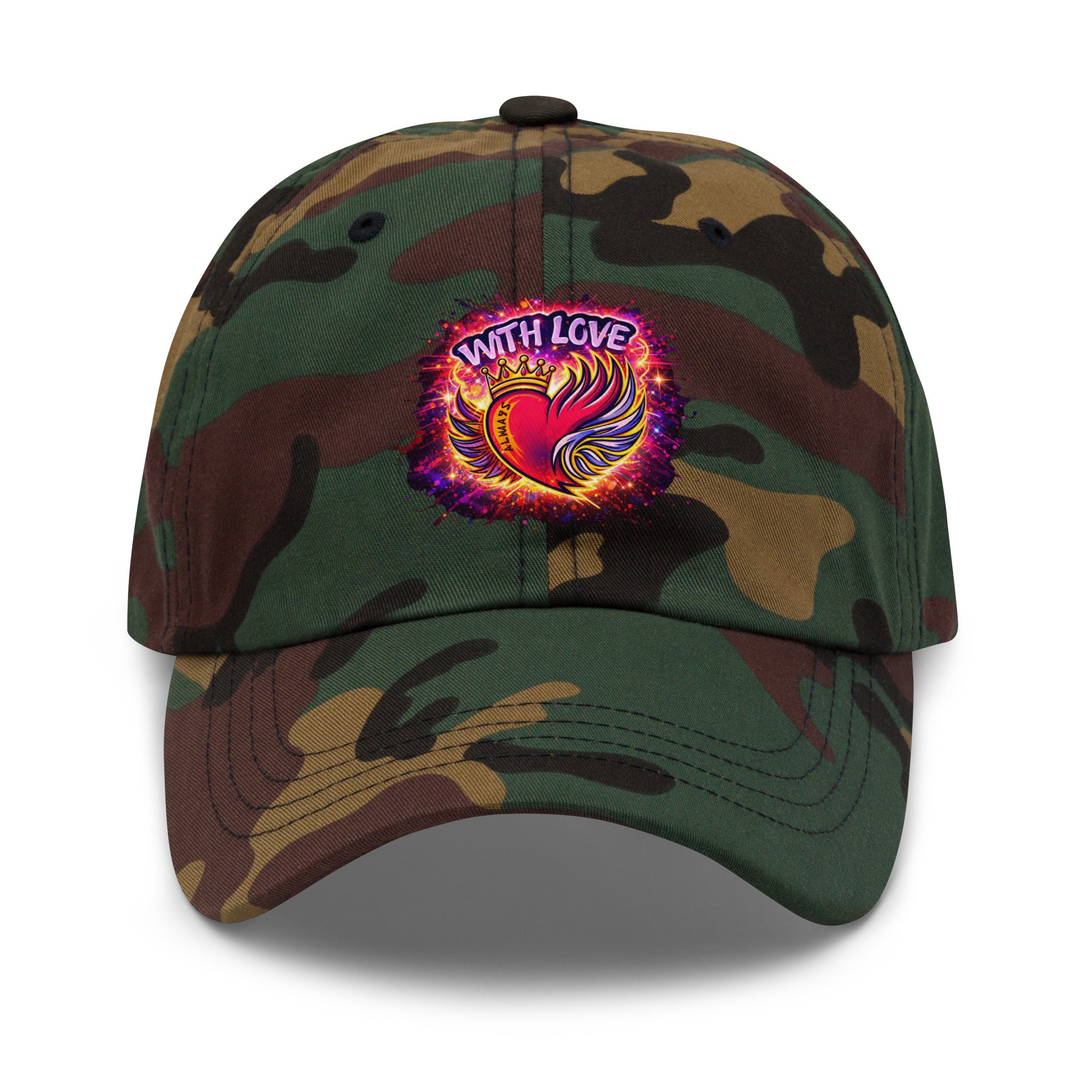 With Love Always embroidered dad hat in Green Camo with heart and wings design on plain background