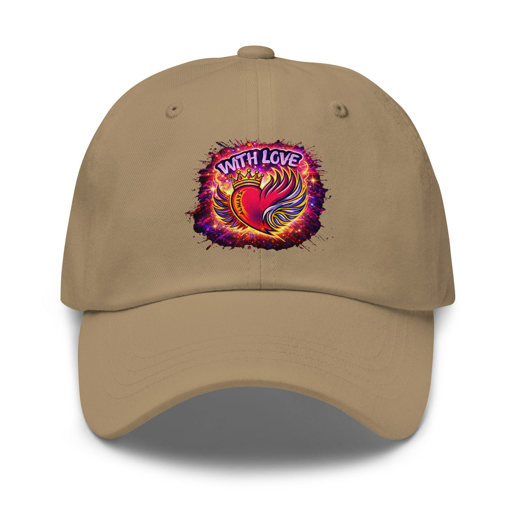 With Love Always embroidered dad hat in Khaki with heart and wings design on plain background