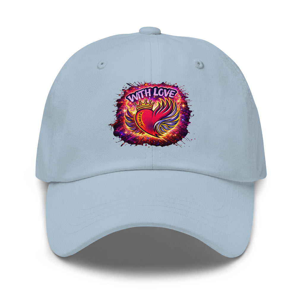 With Love Always embroidered dad hat in Light Blue with heart and wings design on plain background