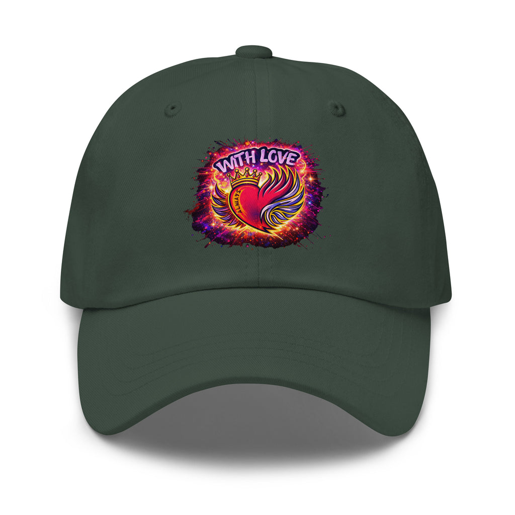With Love Always embroidered dad hat in Multicam Black with heart and wings design on plain background