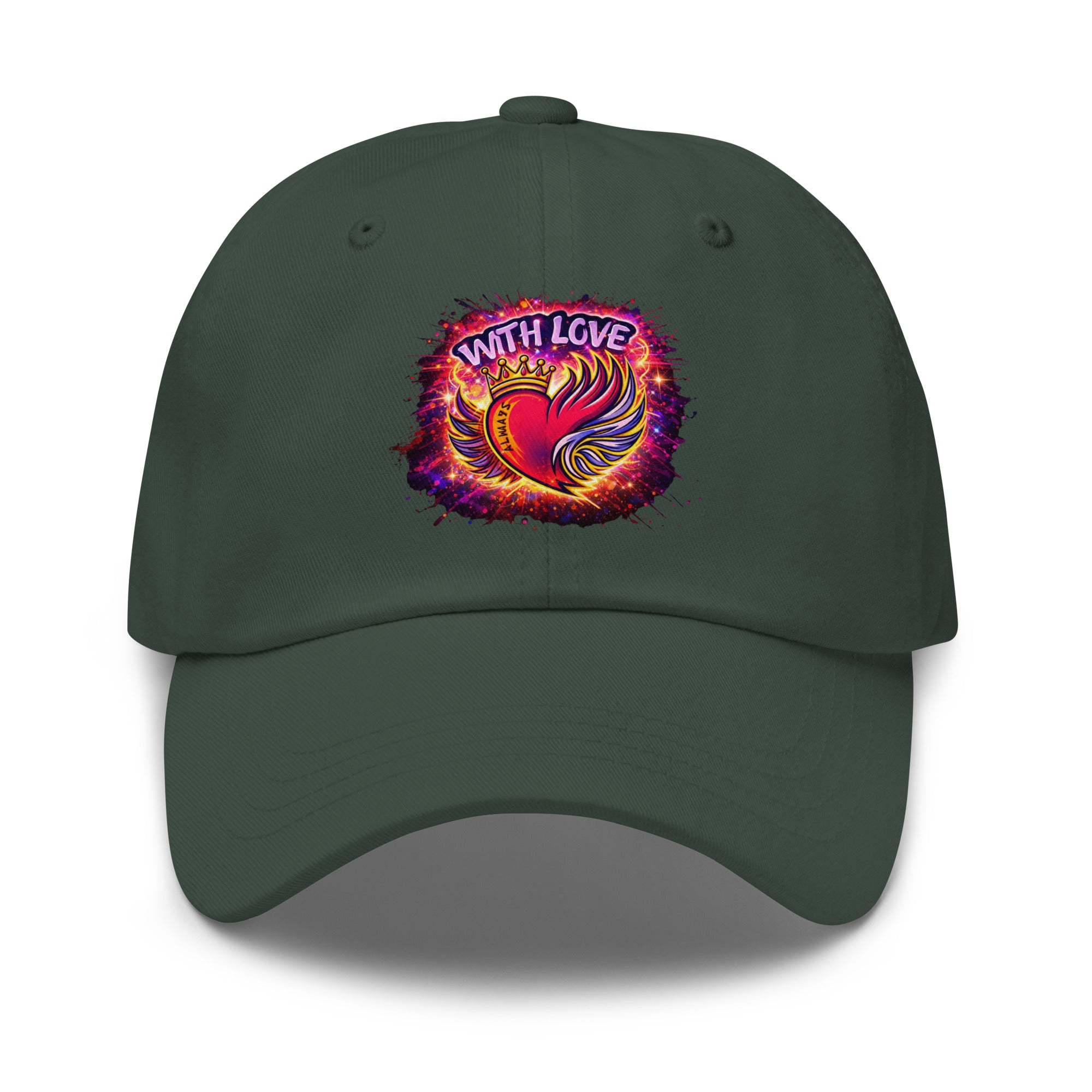 With Love Always embroidered dad hat in Multicam Black with heart and wings design on plain background