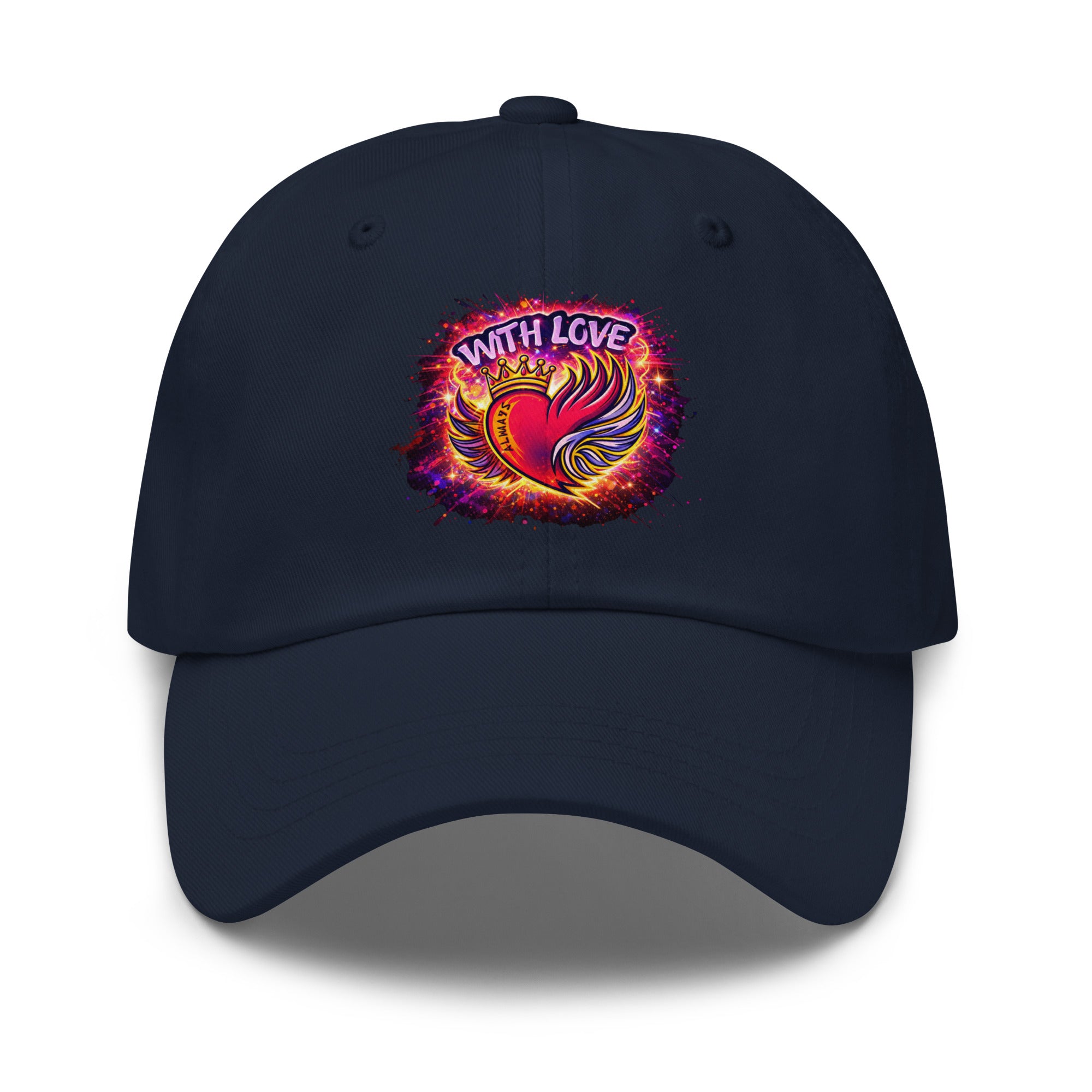 With Love Always embroidered dad hat in Navy with heart and wings design on plain background