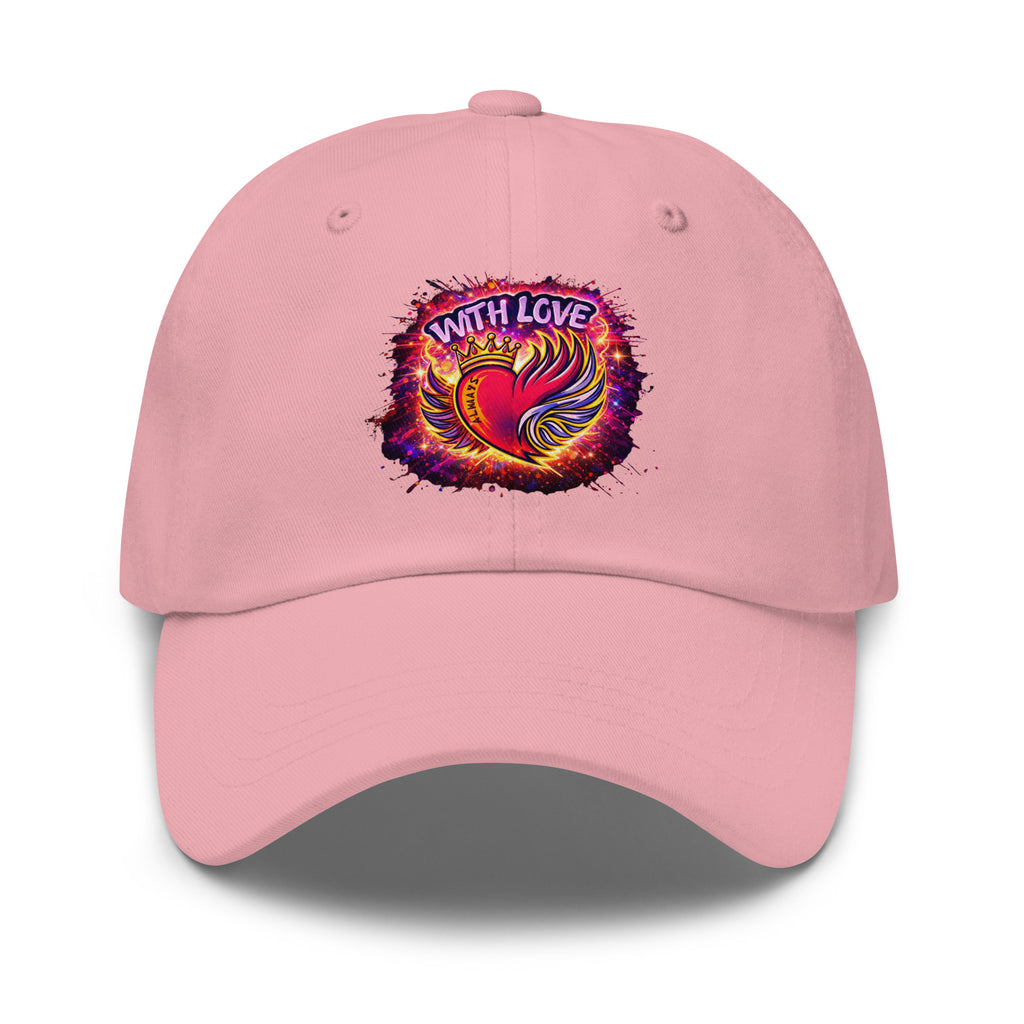 With Love Always embroidered dad hat in Pink with heart and wings design on plain background