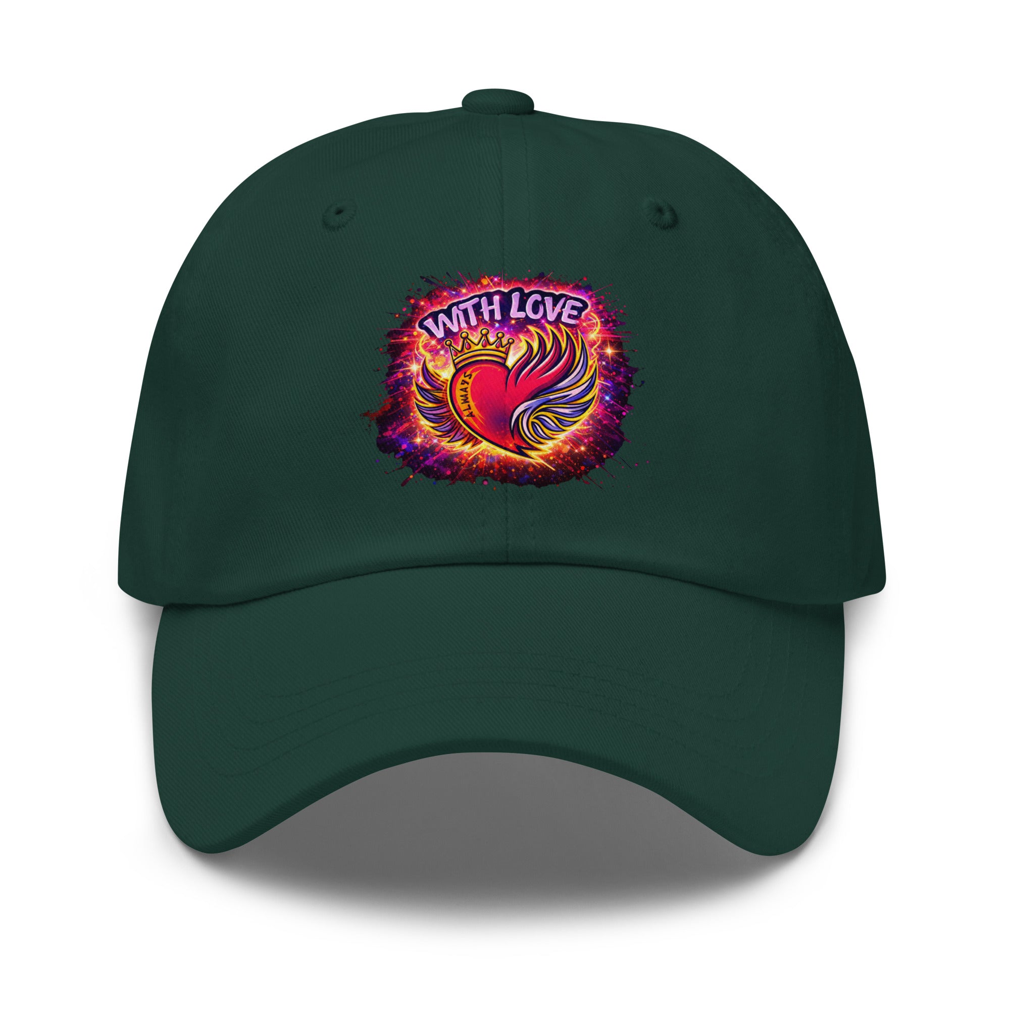 With Love Always embroidered dad hat in Spruce with heart and wings design on plain background
