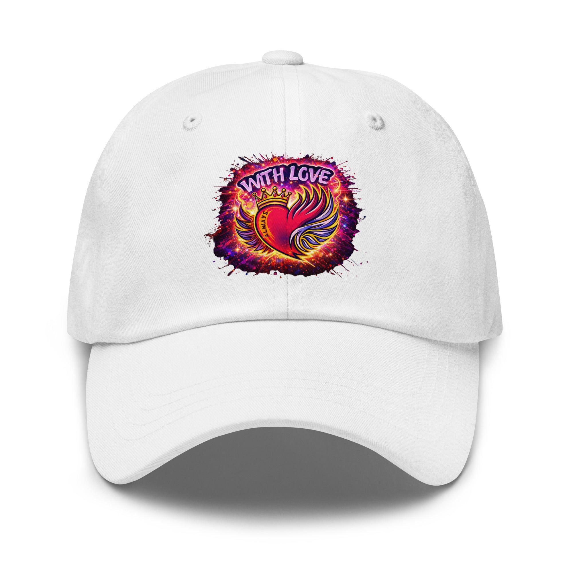 With Love Always embroidered dad hat in White with heart and wings design on plain background