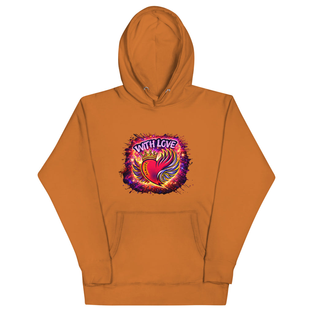 With Love Always graphic hoodie in Adobe with heart and wings design on plain background