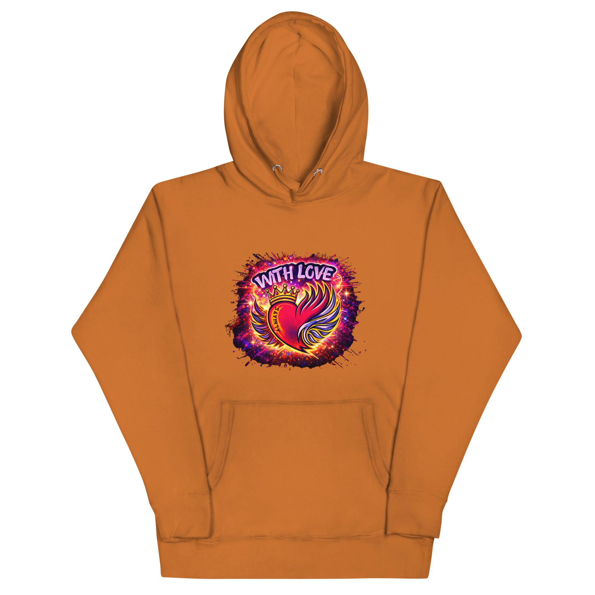 With Love Always graphic hoodie in Adobe with heart and wings design on plain background