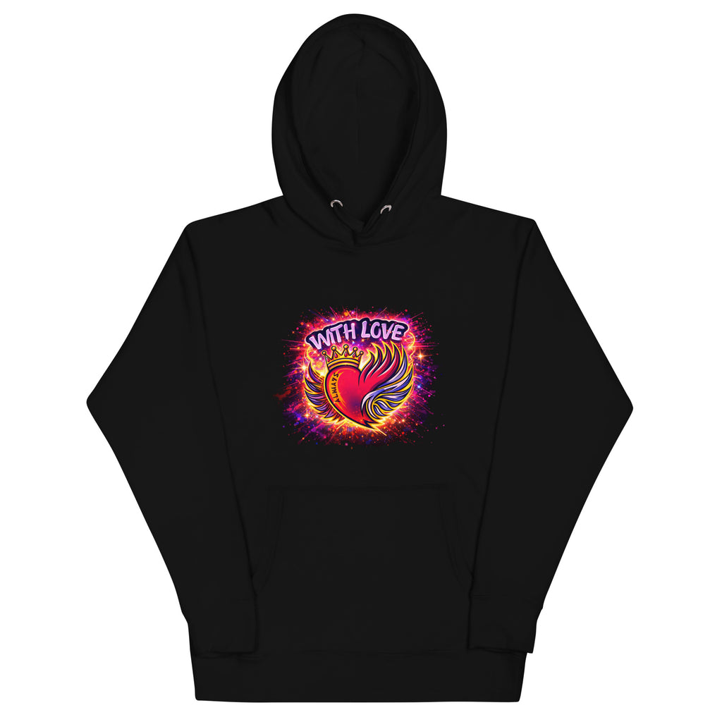 With Love Always graphic hoodie in Black with heart and wings design on plain background