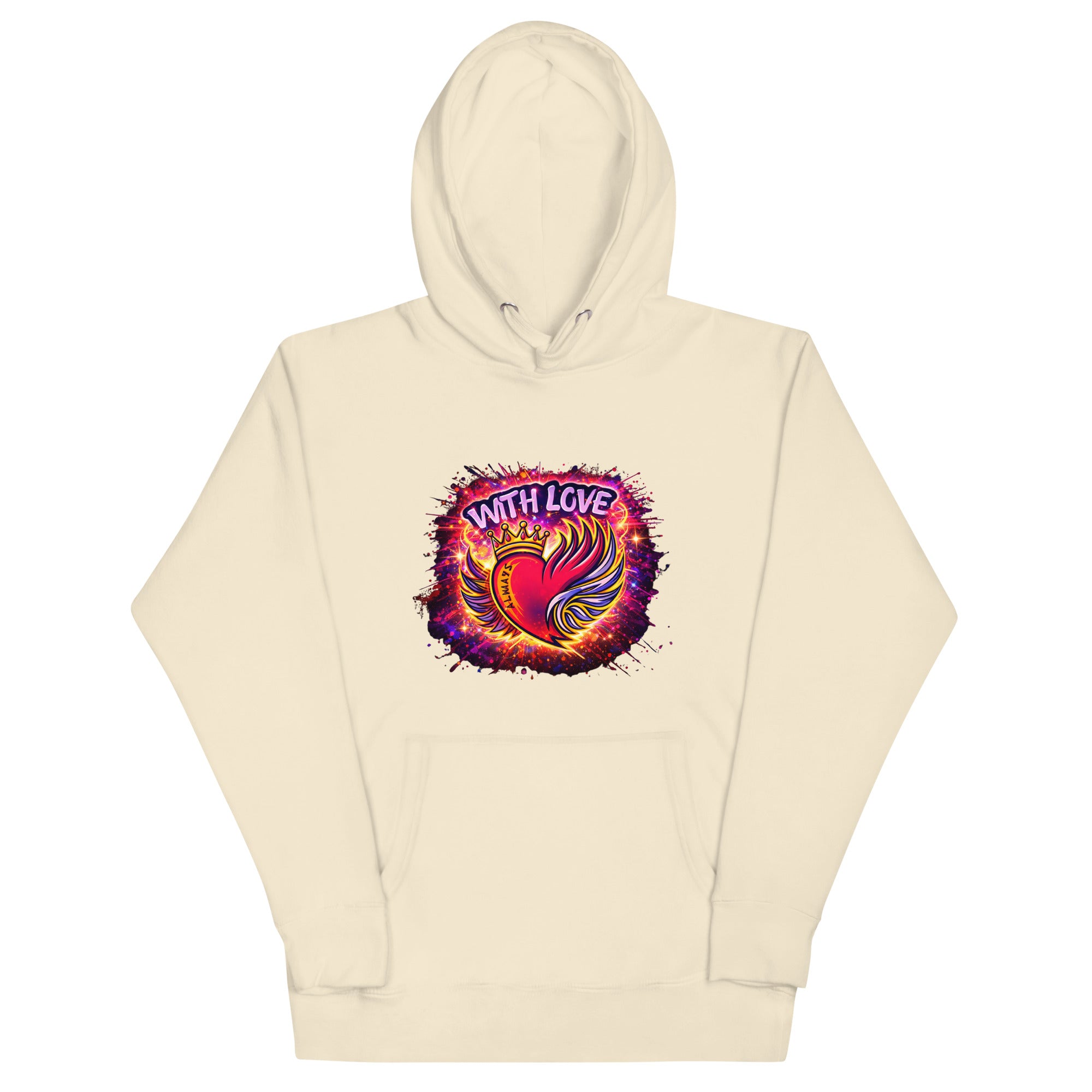 With Love Always graphic hoodie in Bone with heart and wings design on plain background