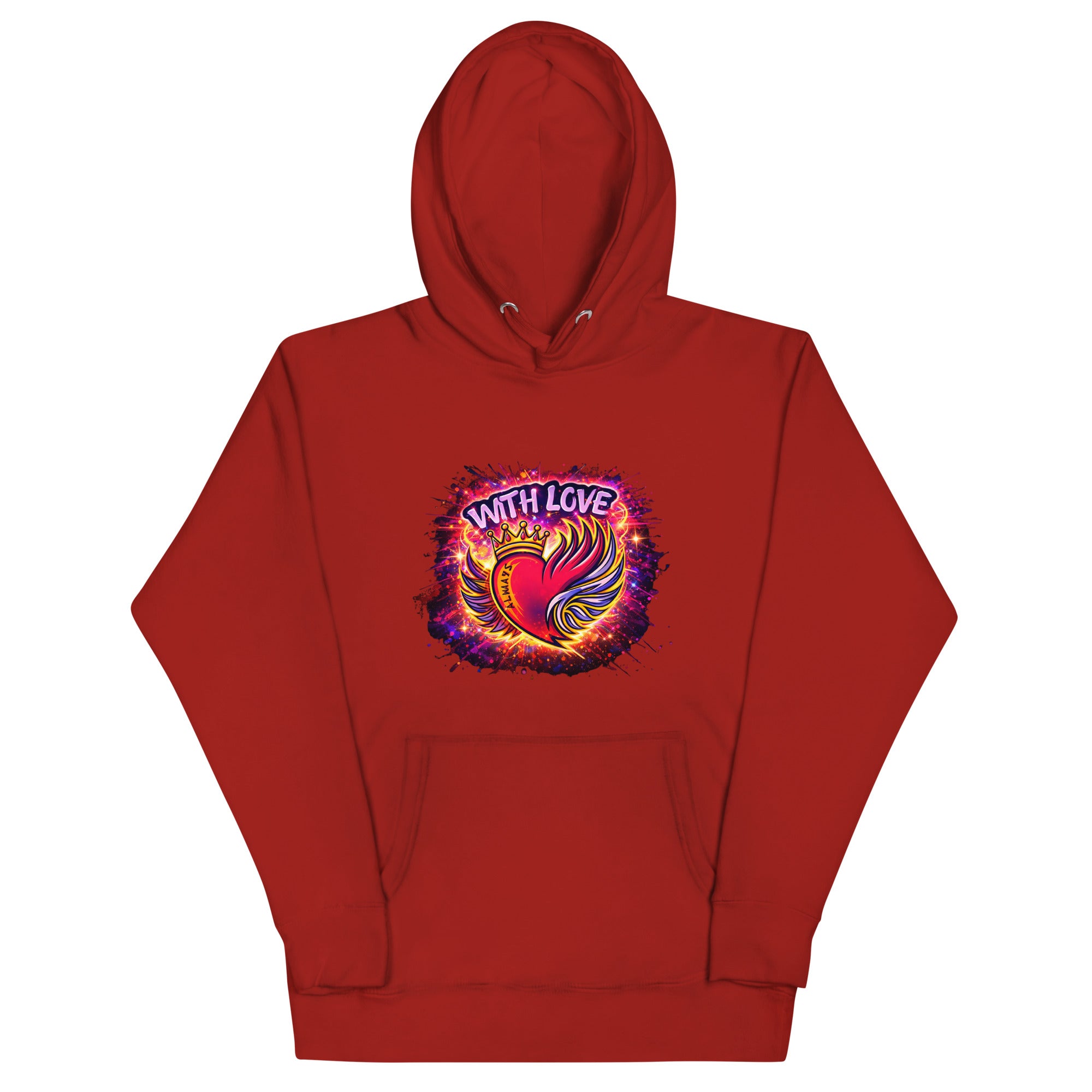 With Love Always graphic hoodie in Cardinal with heart and wings design on plain background