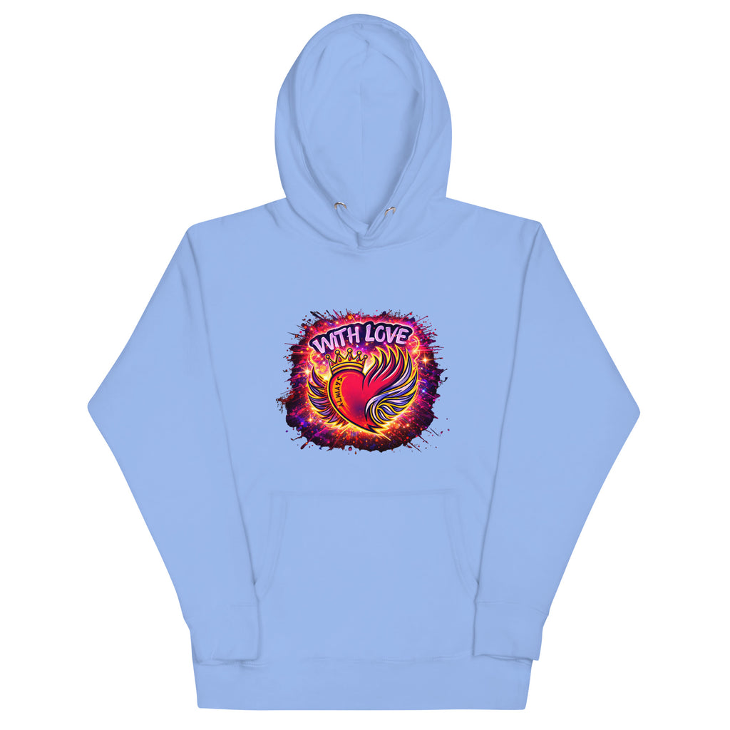 With Love Always graphic hoodie in Carolina Blue with heart and wings design on plain background