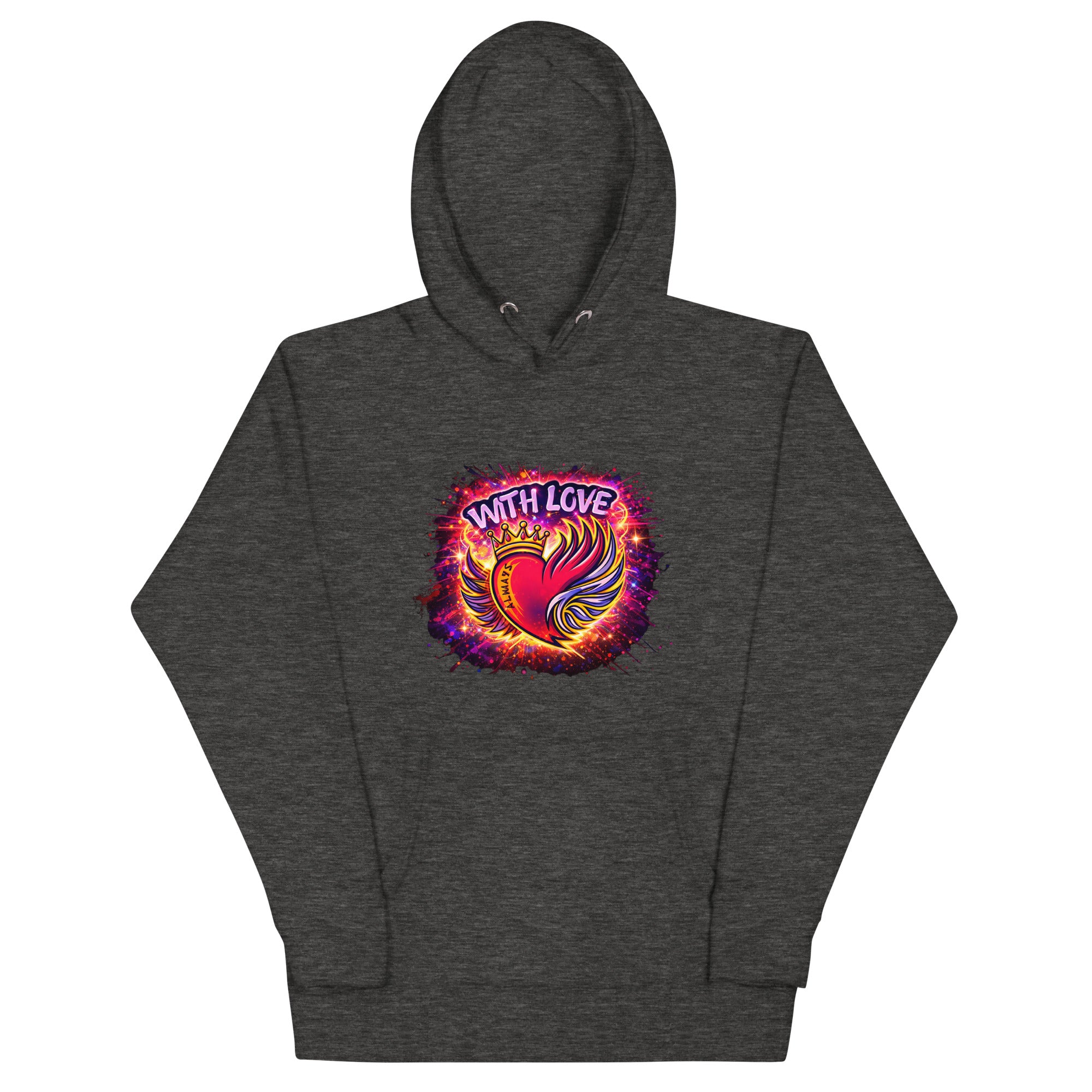 With Love Always graphic hoodie in Charcoal Heather with heart and wings design on plain background