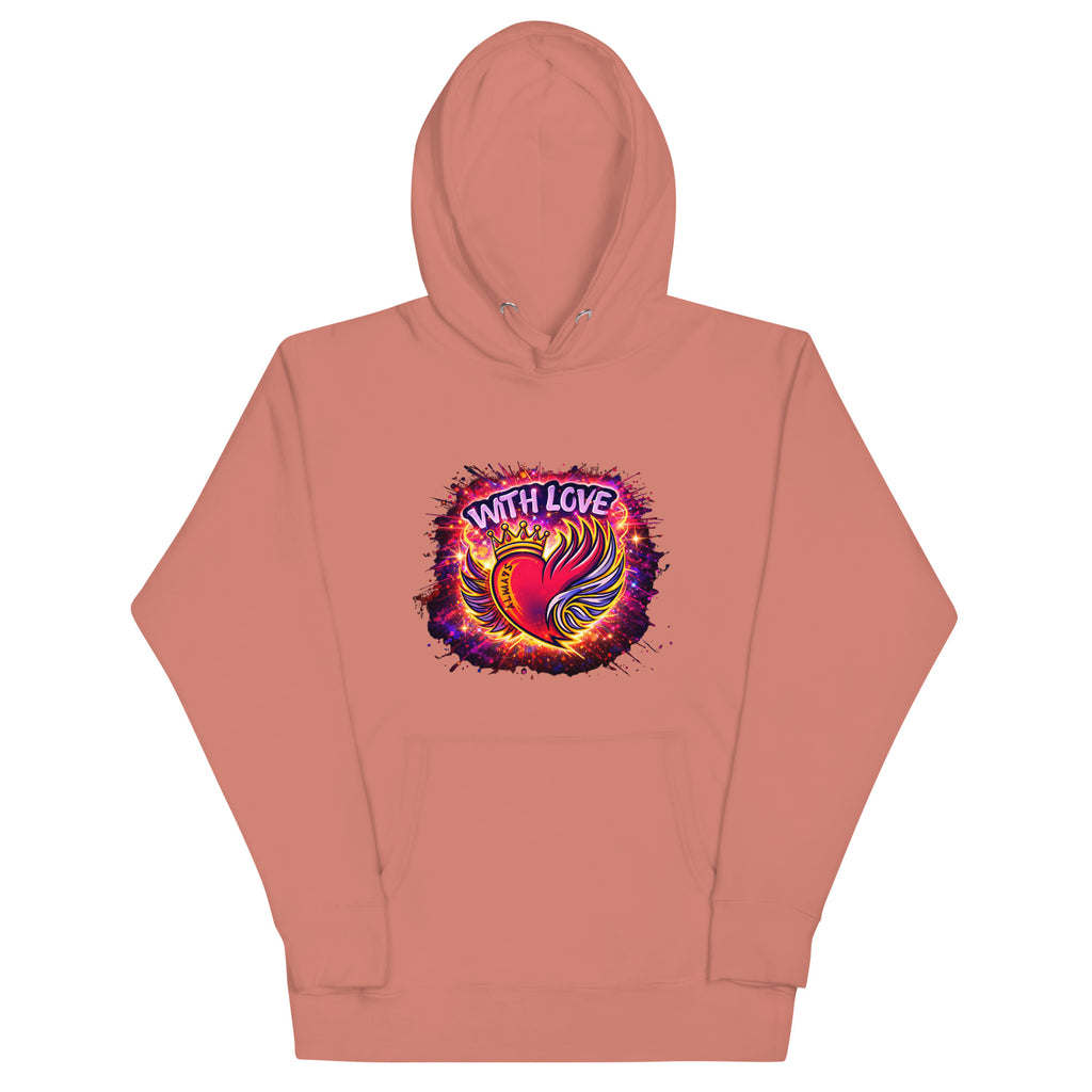 With Love Always graphic hoodie in Dusty Rose with heart and wings design on plain background